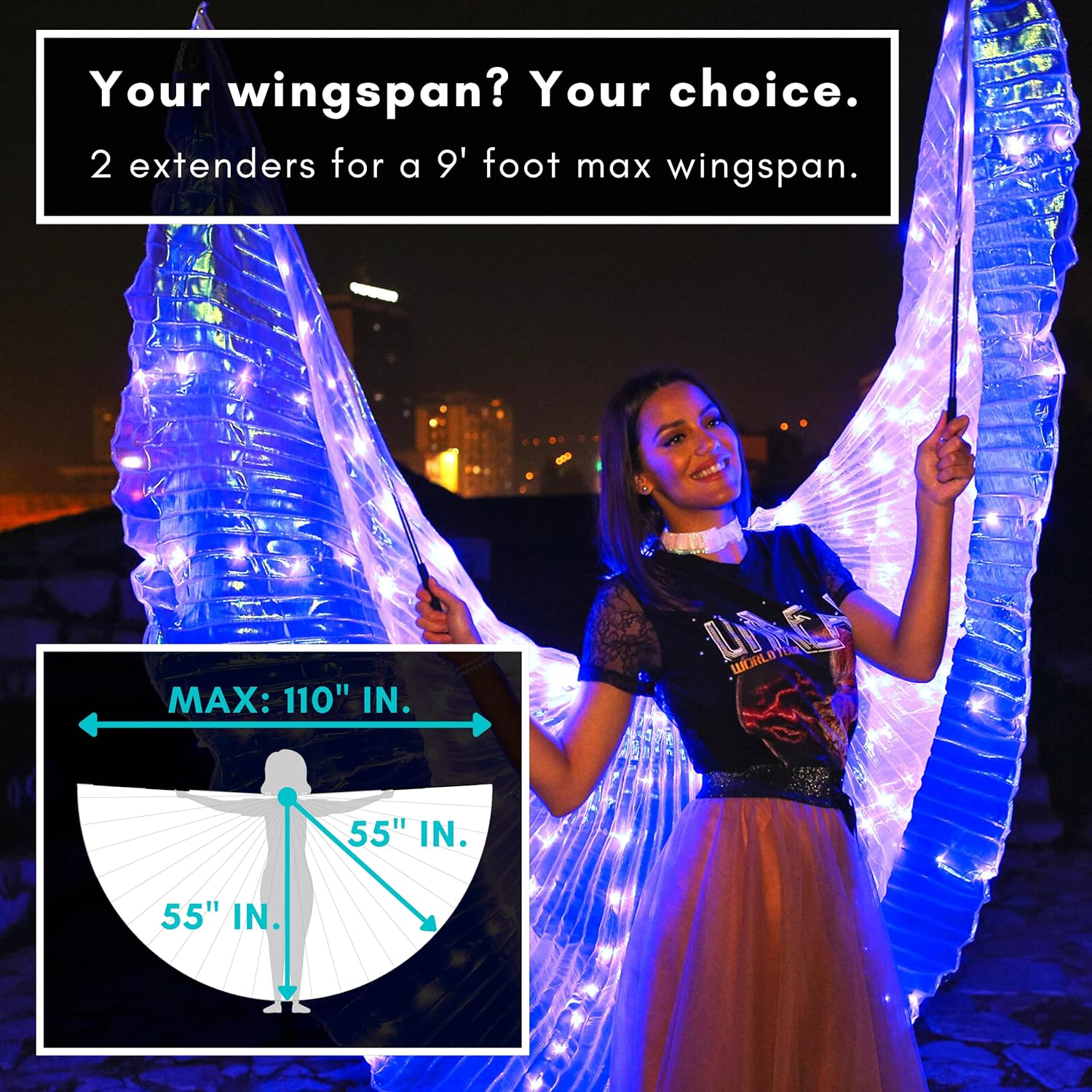 Miniatura 6 de Velo iluminado - Alas de ángel para adultos - Ropa de festival y disfraz de ángel - Alas de hadas y ropa rave para cosplay