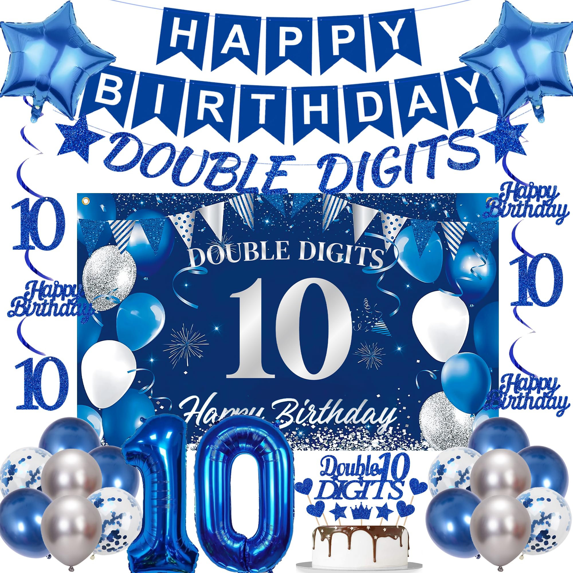 10th Birthday Decorations Boys Blue - 32 Pcs Double Digits Birthday Decoration Including Banner, Hanging Swirls, Number 10 Balloons, Backdrop for Boy 10 Years Old Party Supplies