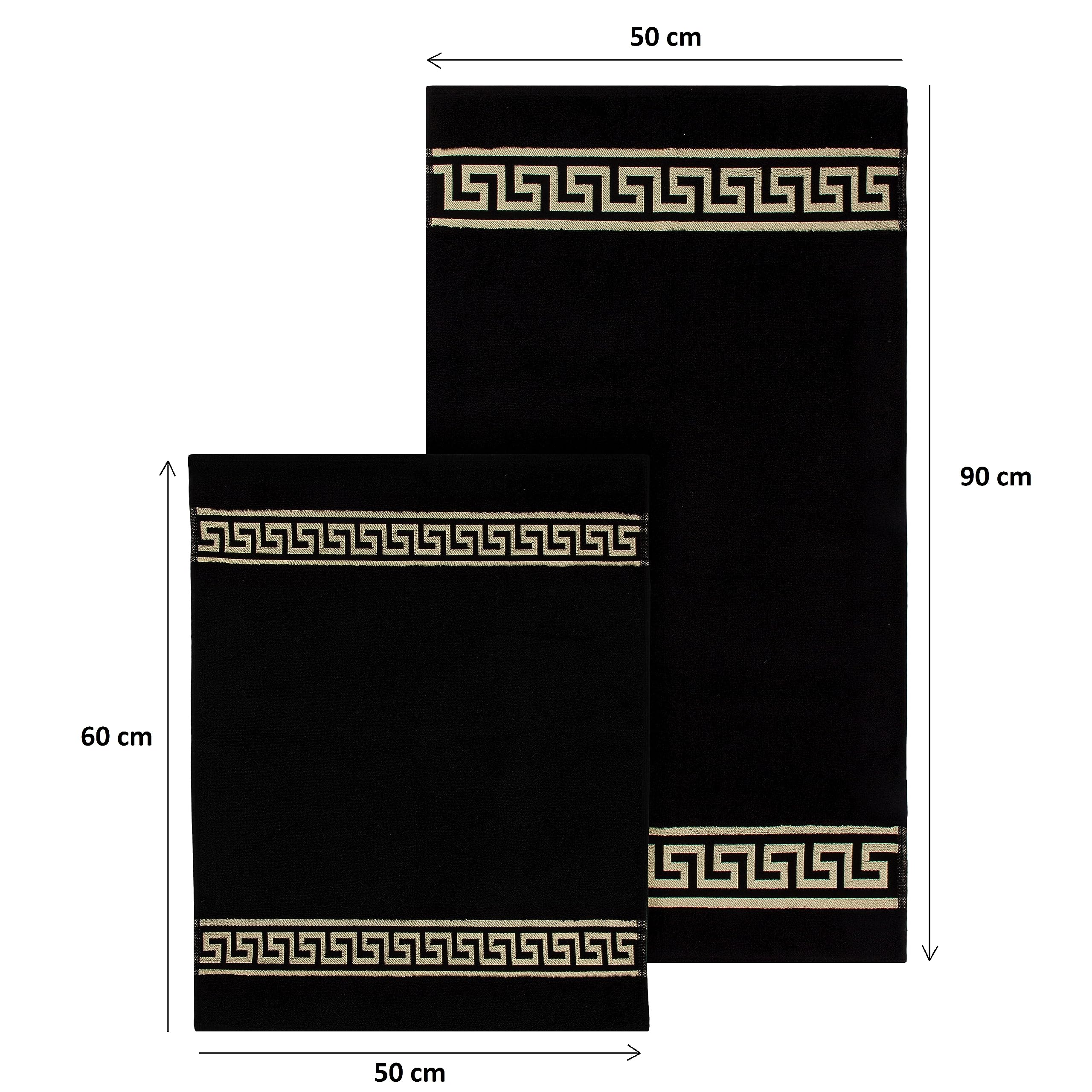 Alfombrilla de baño de algodón en color beige, negro, blanco, dorado, con diseño de meandros (negro, juego de 2 unidades – 50 x 90 + 50 x 60)