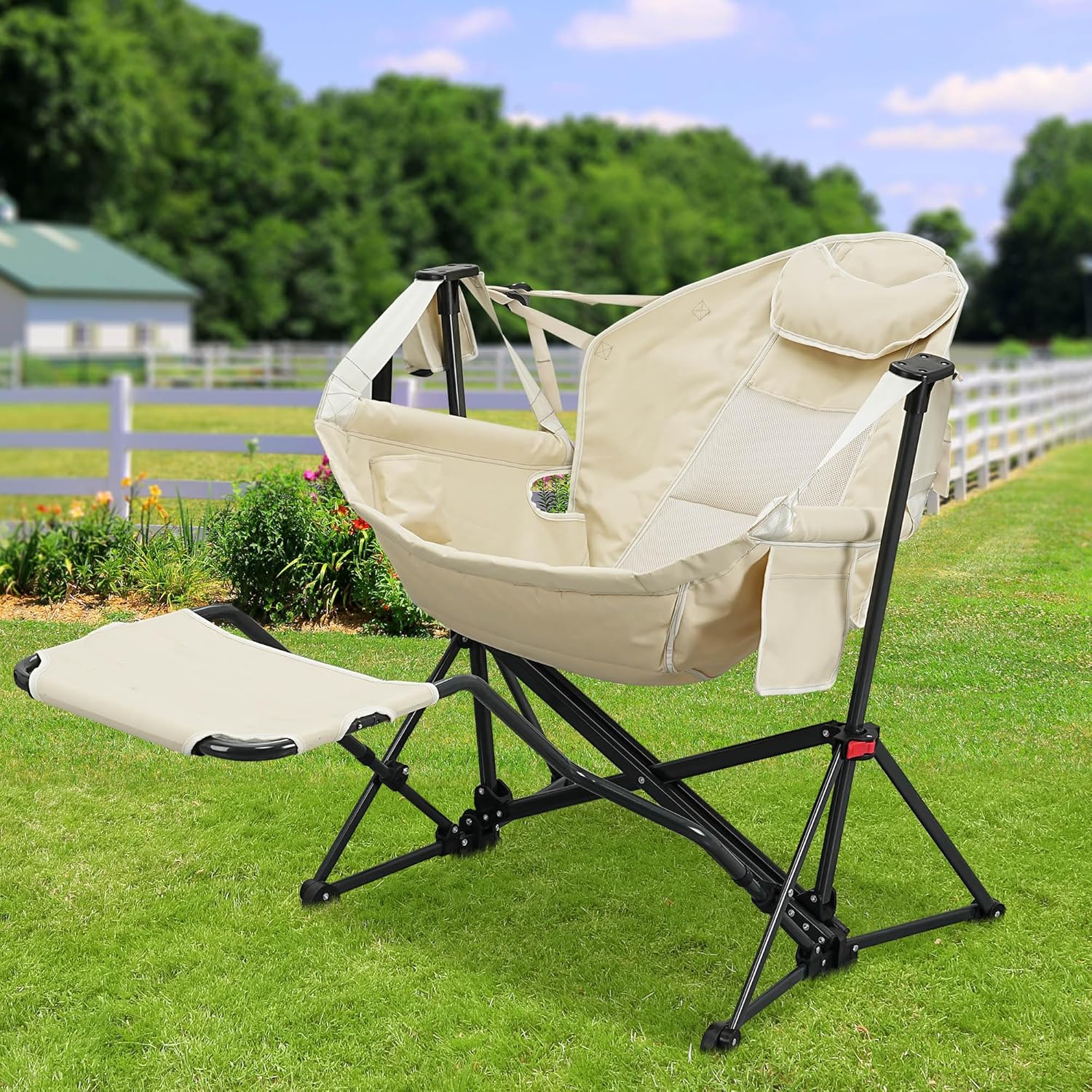 Image showing a person carrying the Ainfox Hammock Camping Chair in its compact carry bag, demonstrating its portability.