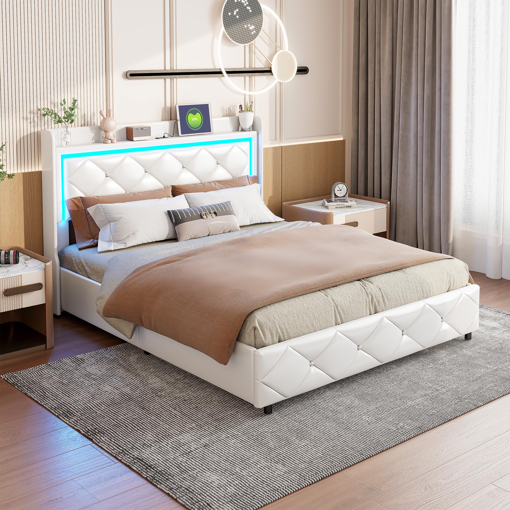 Letto baule 140 x 200 con rete a doghe LED e USB, letto matrimoniale 140 x 200 con contenitore e testiera per letti, letti imbottiti per 2 persone, telaio del letto 140 x 200 cm, pelle PU