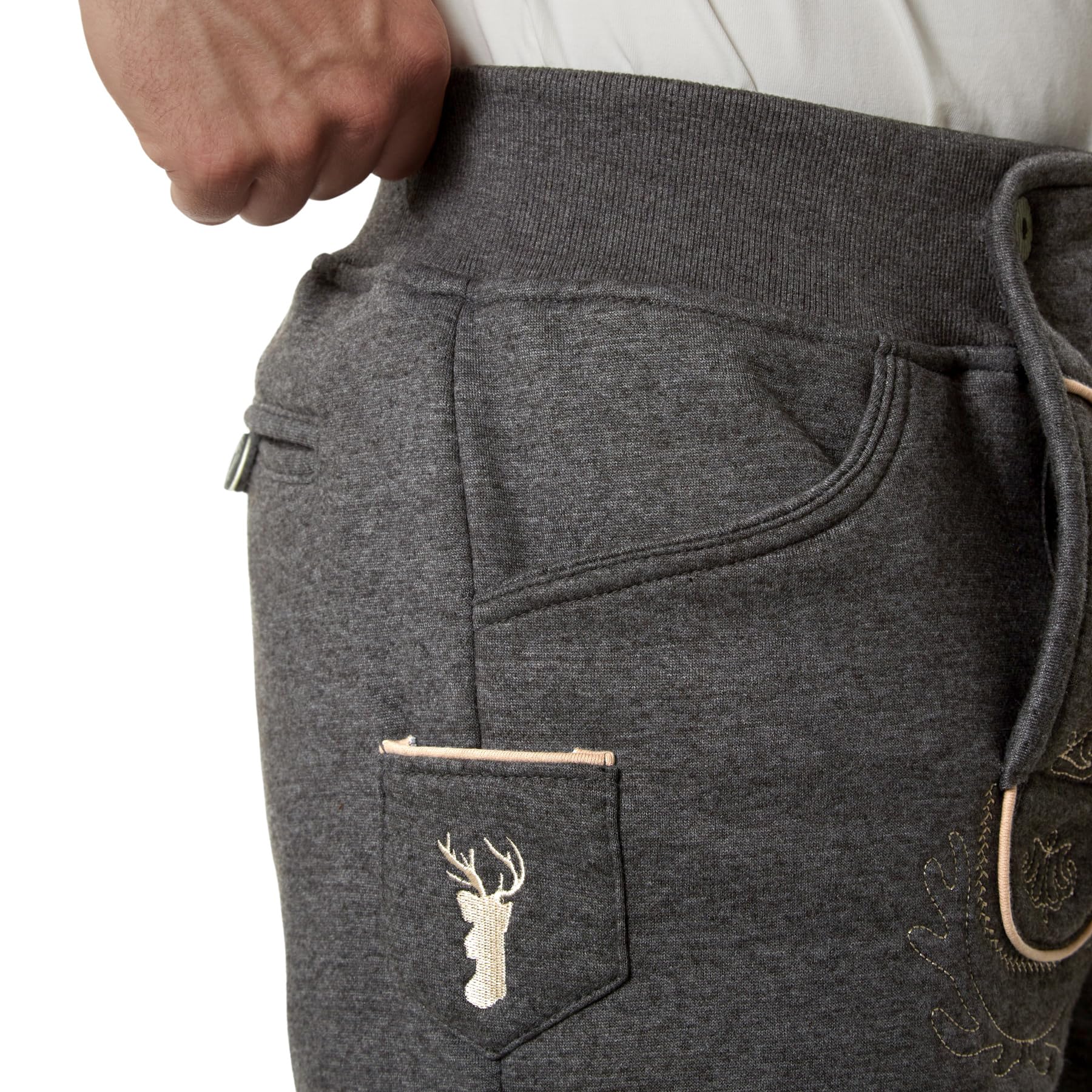 dressforfun Kurze Trachtenhose aus Fleece, vegane Lederhose, Tracht Herren, Trachten Lederhose Look ohne Leder, Vintage Optik mit authentischer Stickerei für Oktoberfest, Volksfest