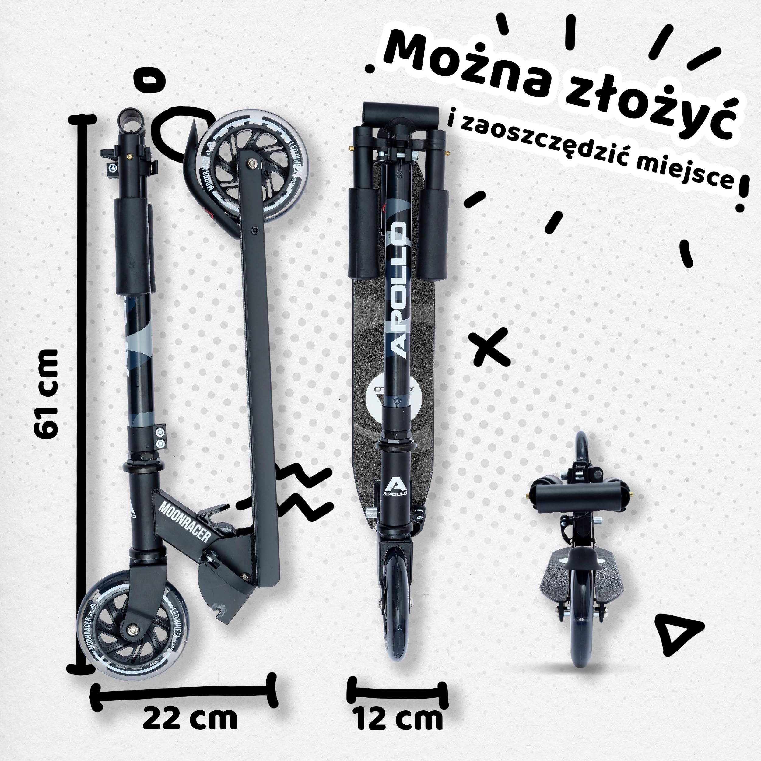 Apollo Hulajnoga dla Dzieci LED Moonracer, Składana Hulajnoga Dziecięca, Hulajnoga dla Dziewczynki i Chłopca, Hulajnoga dla 4 Latka, Hulajnoga Led Świecące Koła, Składana Hulajnoga