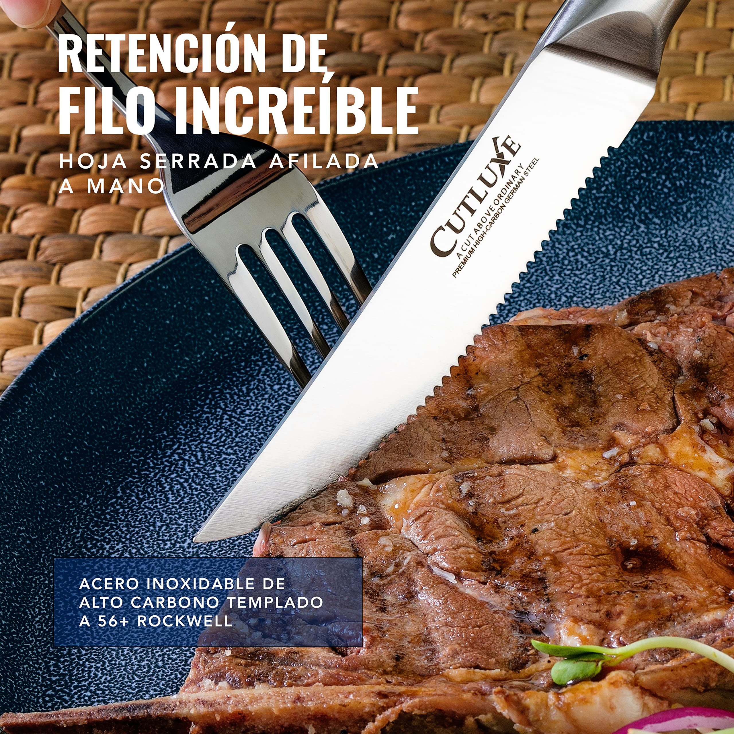 Cutluxe Cuchillos Carne – Juego de 8 Cuchillos de Mesa, Cuchillos Sierra – Acero Alemán Alto Carbono Forjado, Espiga Completa, Diseño Ergonómico Mango – Serie Artesanal