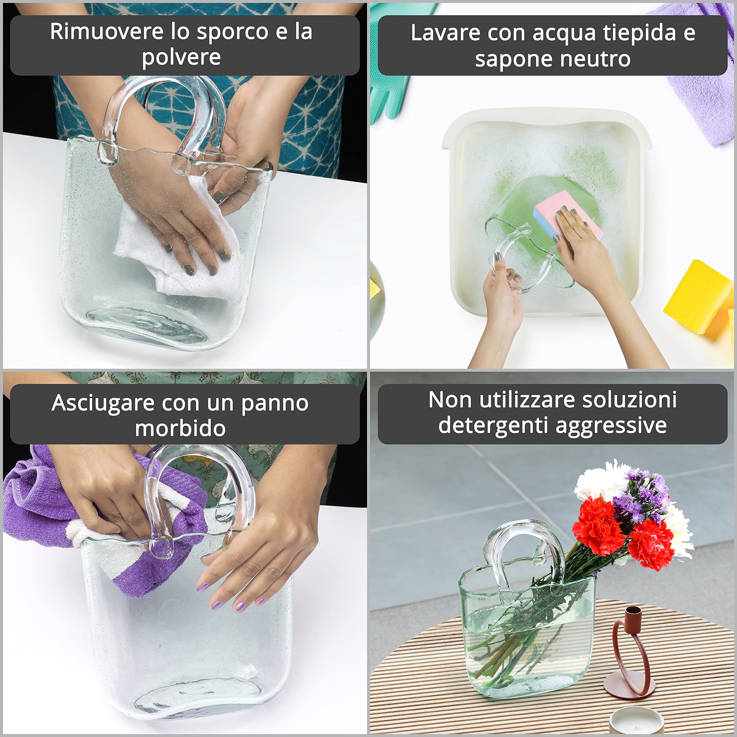 Vaso Trasparente a Forma di Borsa - Vetro da Interno per Fiori, Frutta, Pesciolini, Caramelle - Design con Effetto Bolle d'Acqua - Accessori Moderni per la Casa