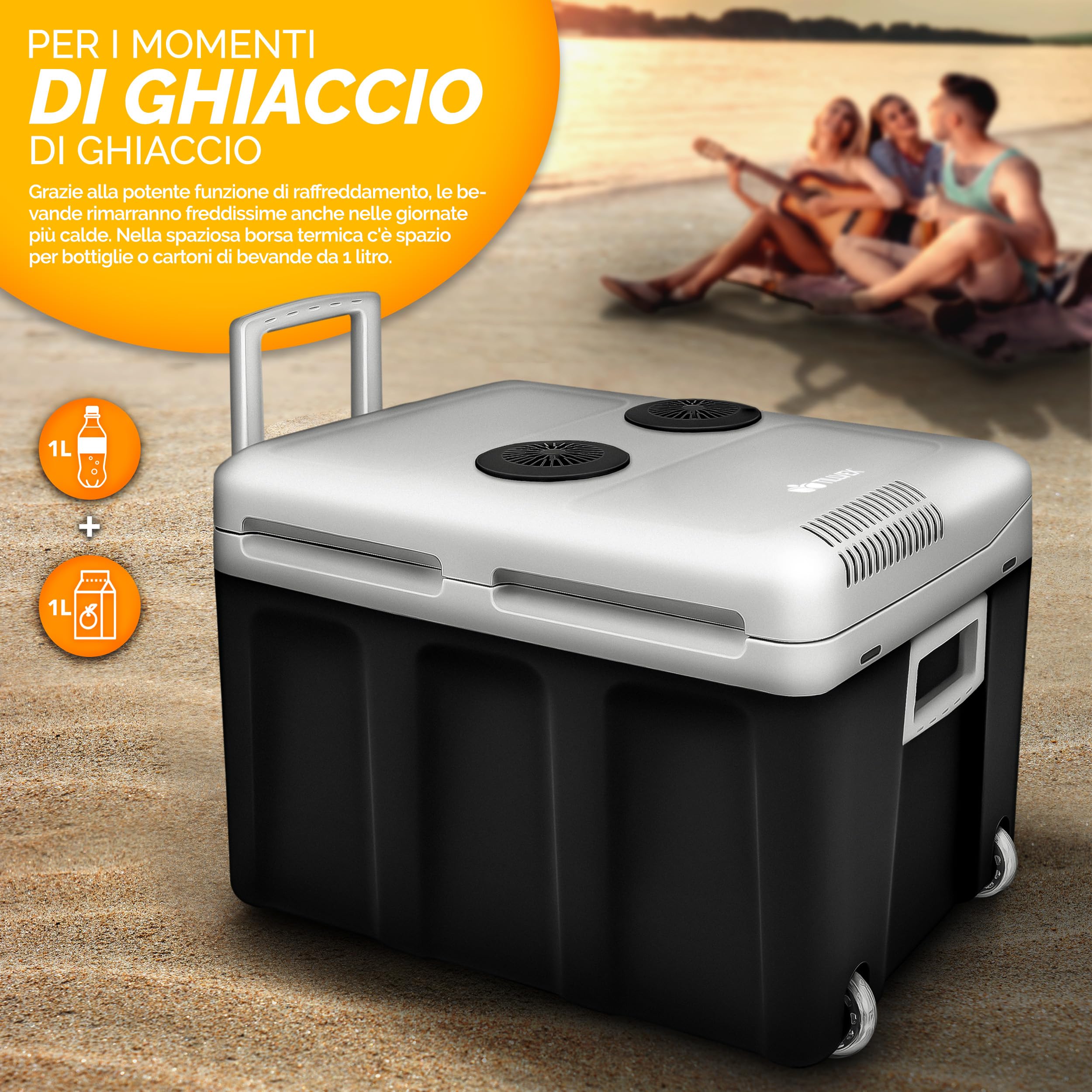 tillvex Frigorifero elettrico Portatile da 40L con rotelle | Mini-frigorifero campeggio da 230 V e 12 V per auto, camion, barca o camper | rinfresca e riscalda | modalità ECO (Antracite)