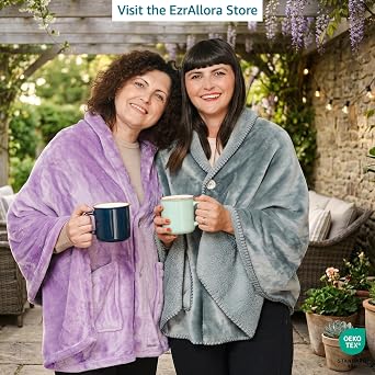 EzrAllora Fleece Poncho Blanket - Drape&Go No Sleeves- Lightweight Wrap Shawl - Wearable Blanket - Easy On Easy Off