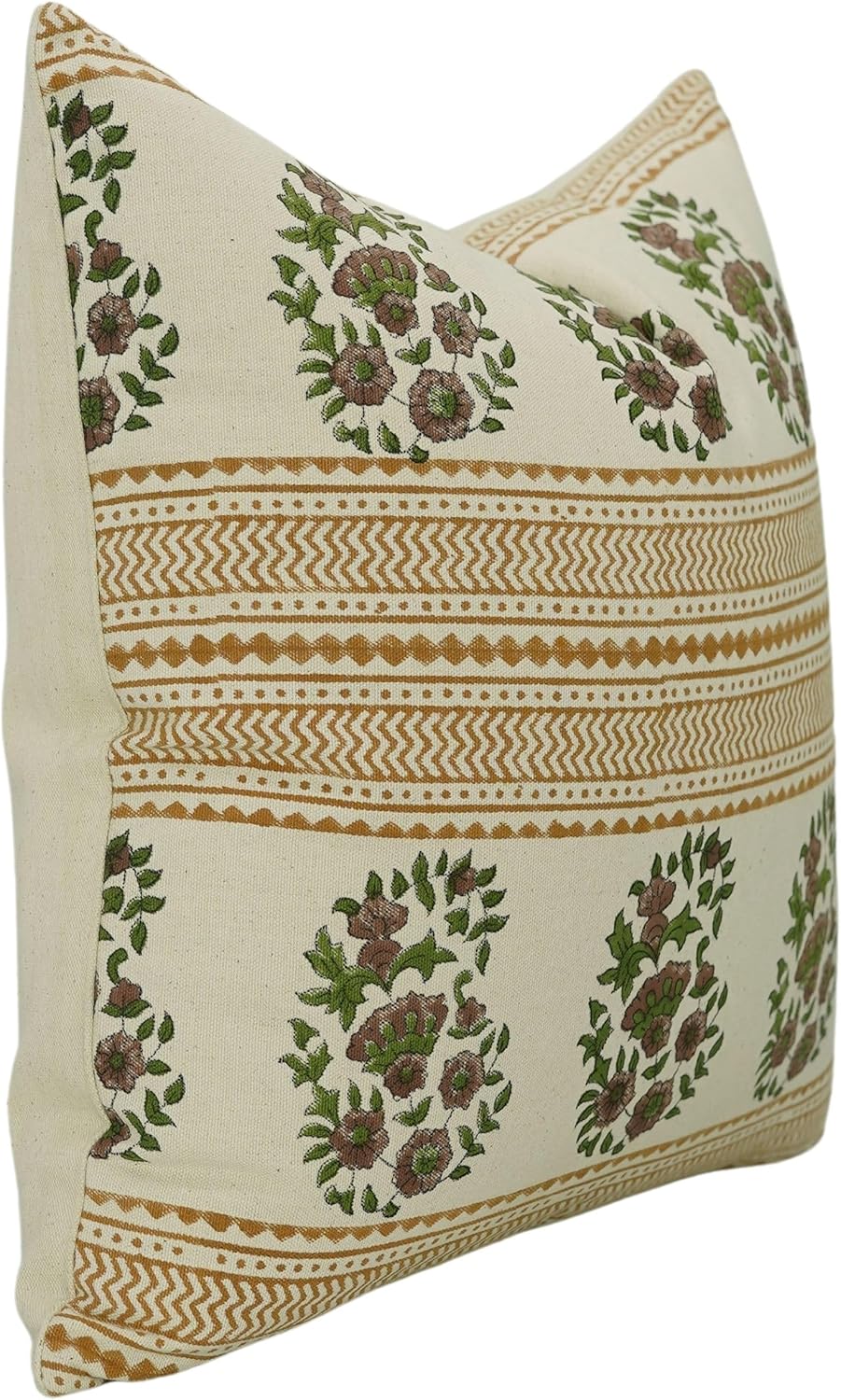 Duck Canvas Fabric Vintage Handmade Green & Yellow Block Floral Print with Zipper 20x20 Inch Pillow Cover Decorative for Bedroom, Living Room, Sofa & Couch,Outdoor-Anar Kali