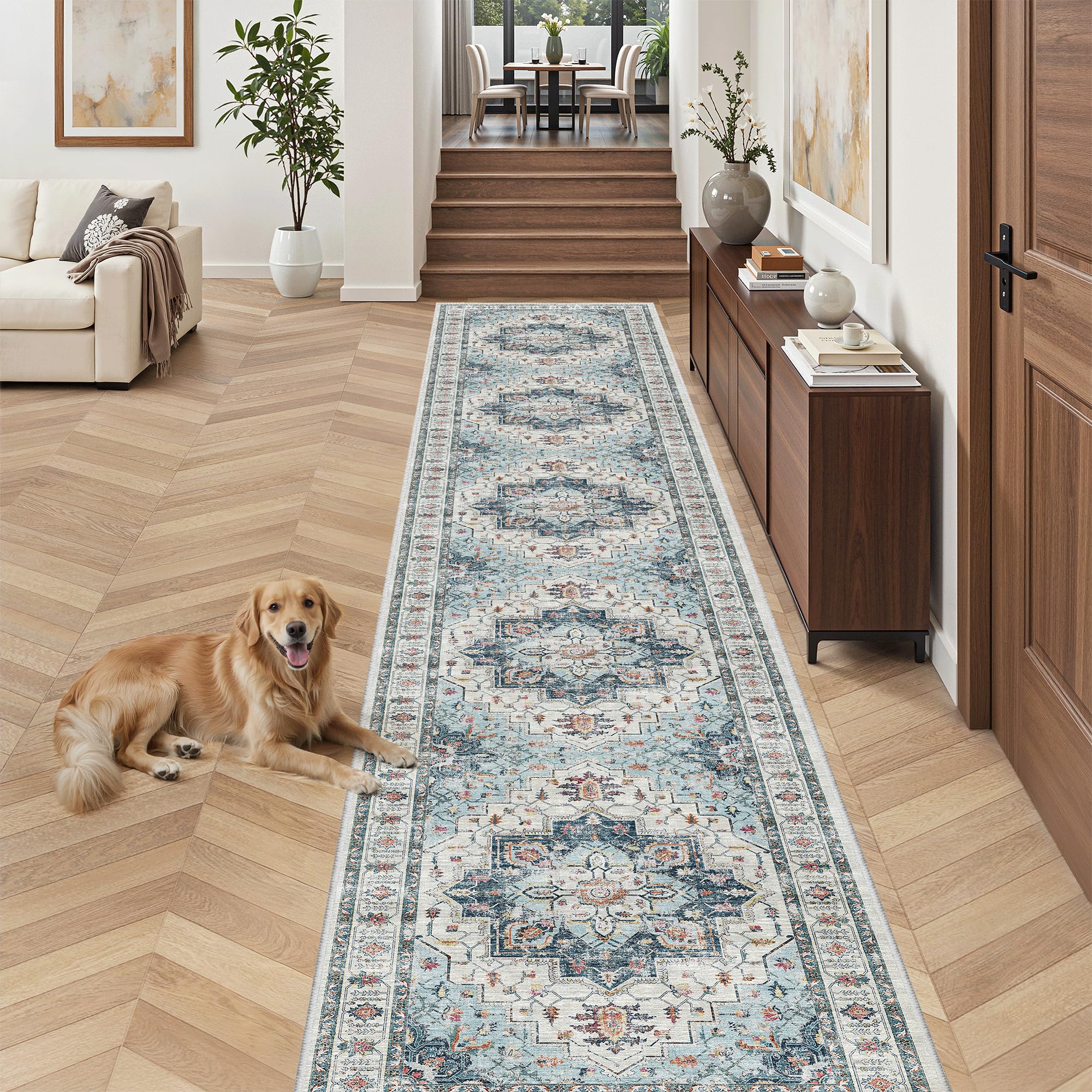 Madane Hallway Runner Rug 2'6''x14' Kitchen Runner, Non Slip Vintage Runners for Hallways Washable Kitchen Rugs Soft Low Pile 2.5x14 ft Rug Runner for