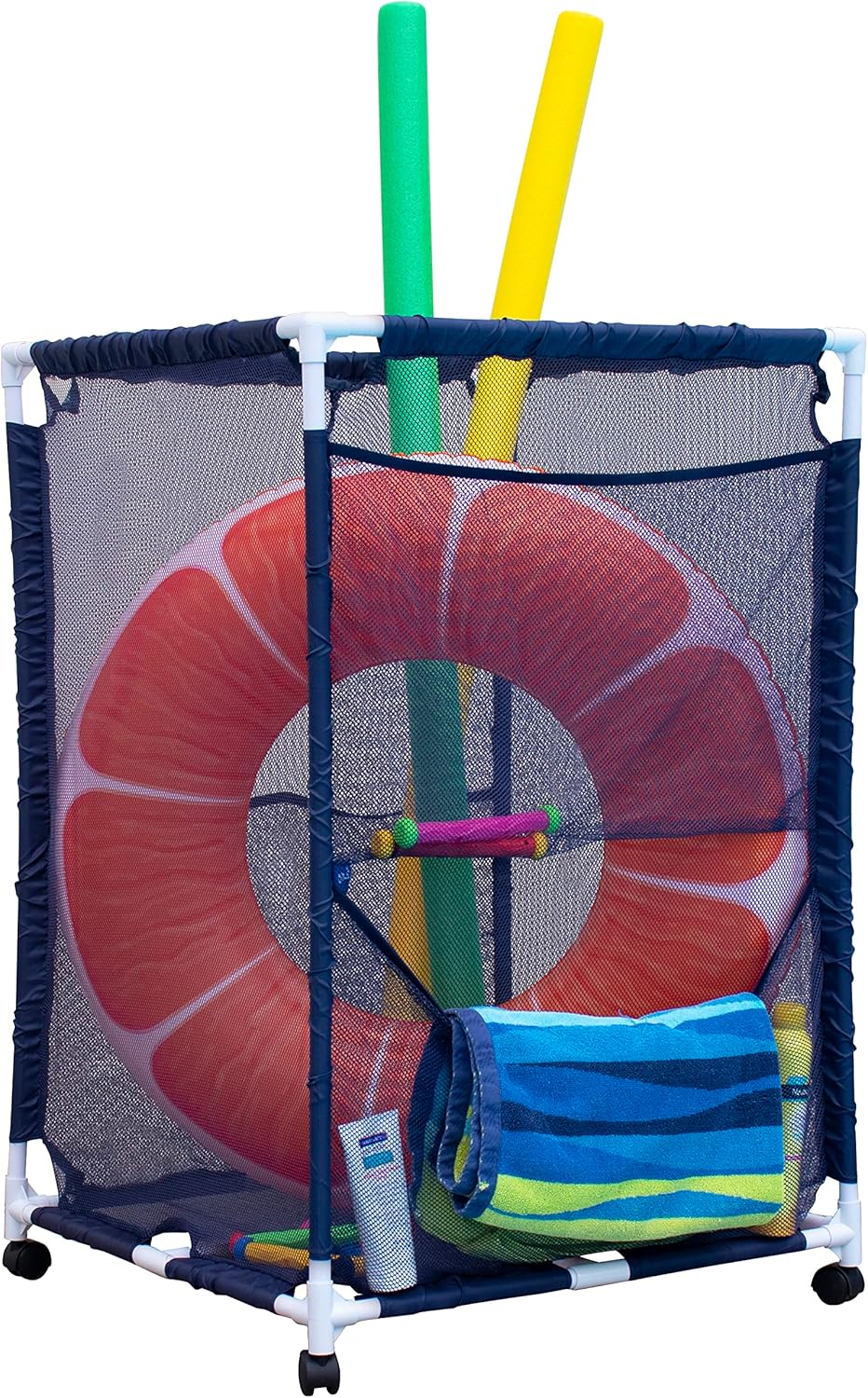 Essentially Yours Rolling Pool Storage Organizer Bin, Medium, (25.4" W x 25.4" L x 40" H), Blue/White Style 417227