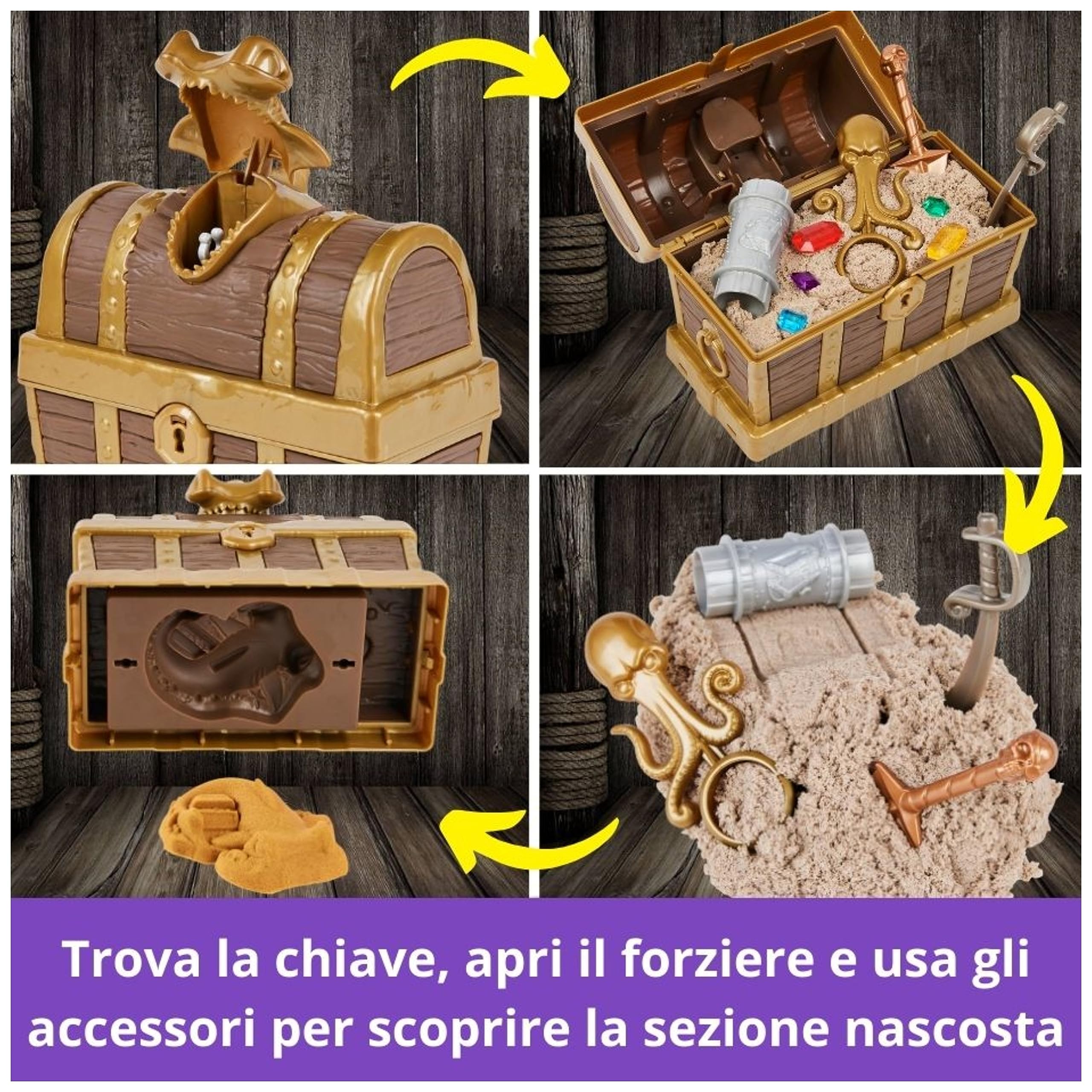 Kinetic Sand, Playset Caccia al Tesoro, con 567gr di Sabbia Marrone e Dorata Scintillante, 9 Tesori Nascosti da Trovare, Giocattoli per Bambini e Bambine, 3+ Anni
