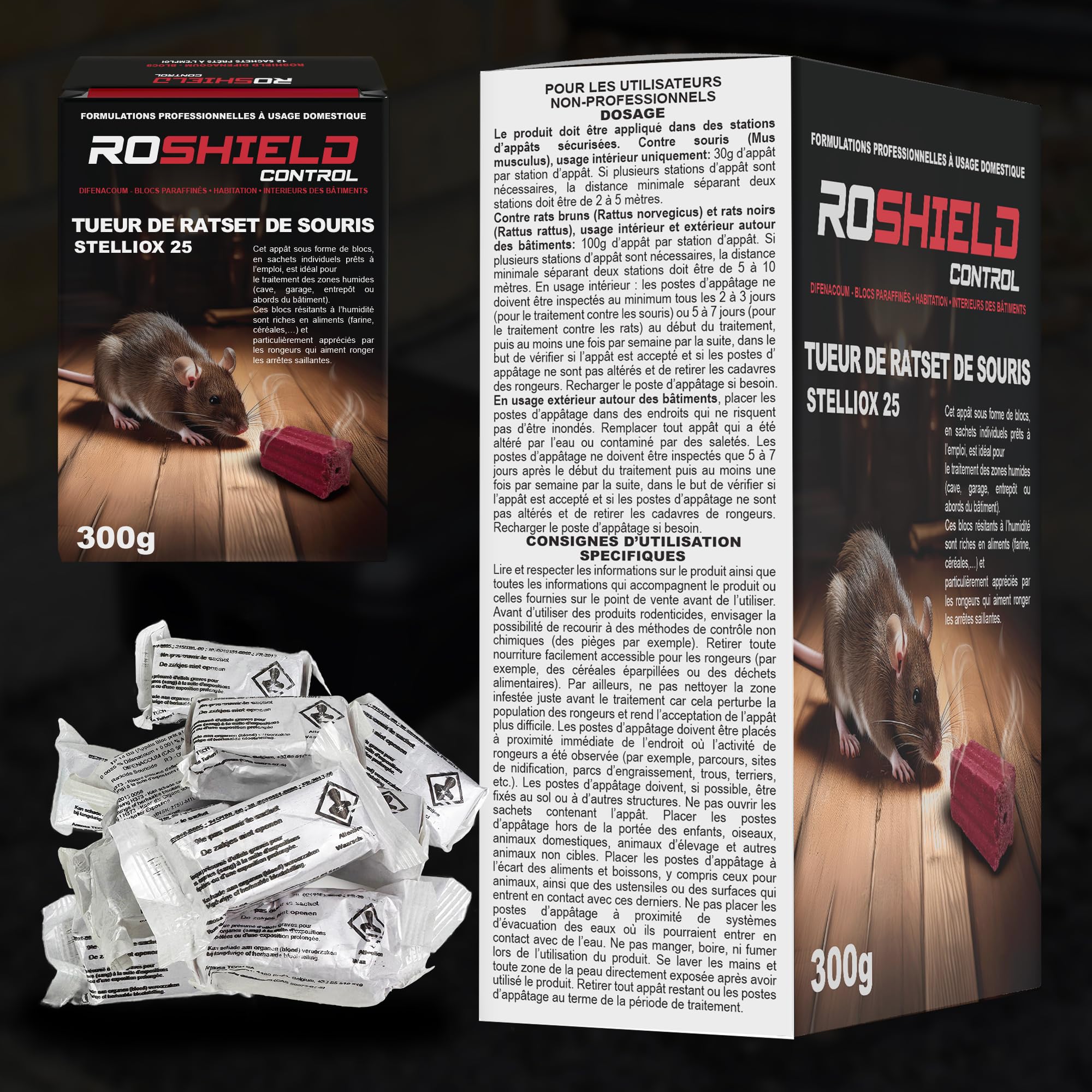 Roshield Anti Rats & Souris 600g Forte Infestation Habitation et Cuisine Efficace dès la 1ère Ingestion Idéal pour Lieux Secs & Humides (600g, 24x25g)