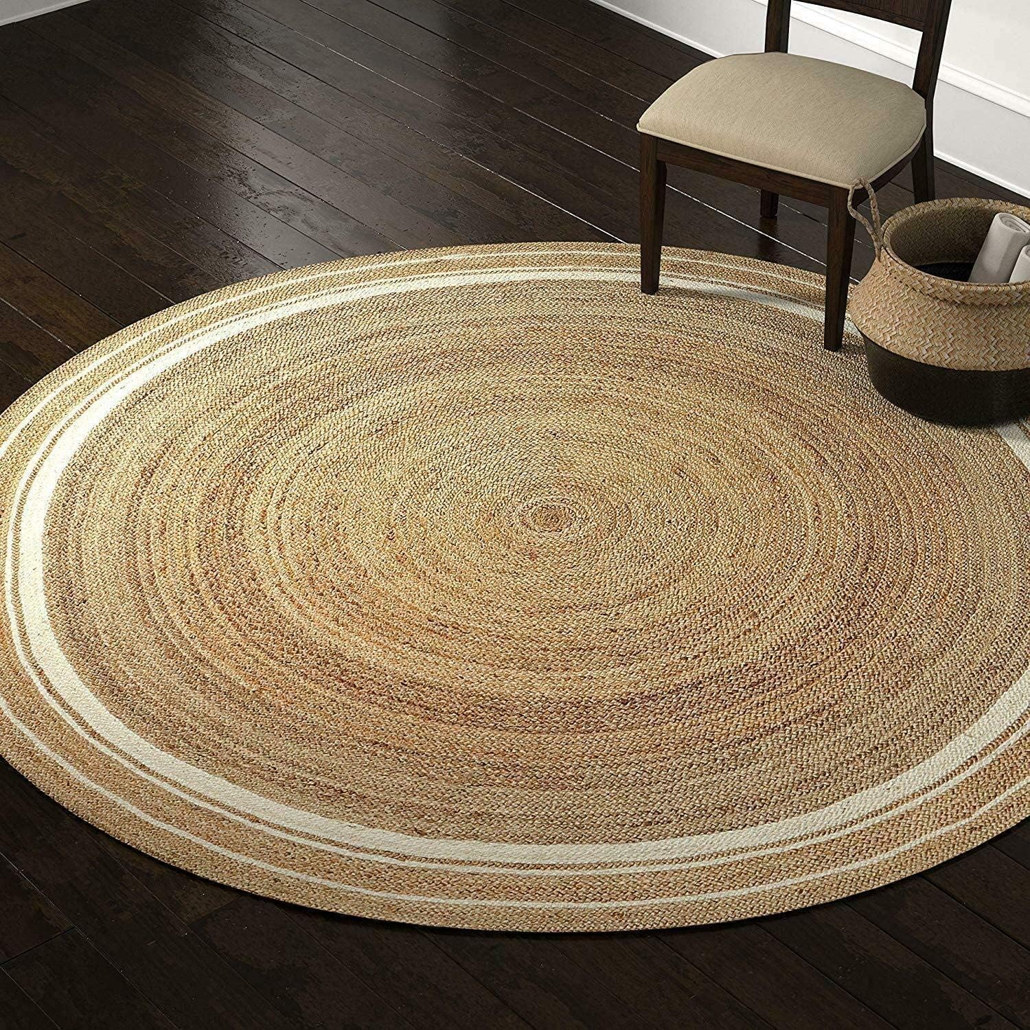 Handmade Hand Woven Braided Jute Natural Fibers Rug Bohemian Hand Braided Eco Friendly Rugs for Bedroom Kitchen Living Room Farmhouse(Natural White Line,6' Round)