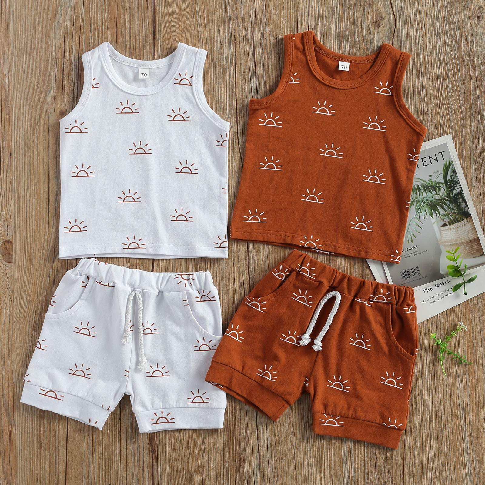 Ledy Champswiin Summer Baby Boy Outfit Infant Clothes Set Sunrise Sleeveless Cotton Tops+Drawstring Shorts 2PCS (Sleeveless Brown, 6-12 Months)