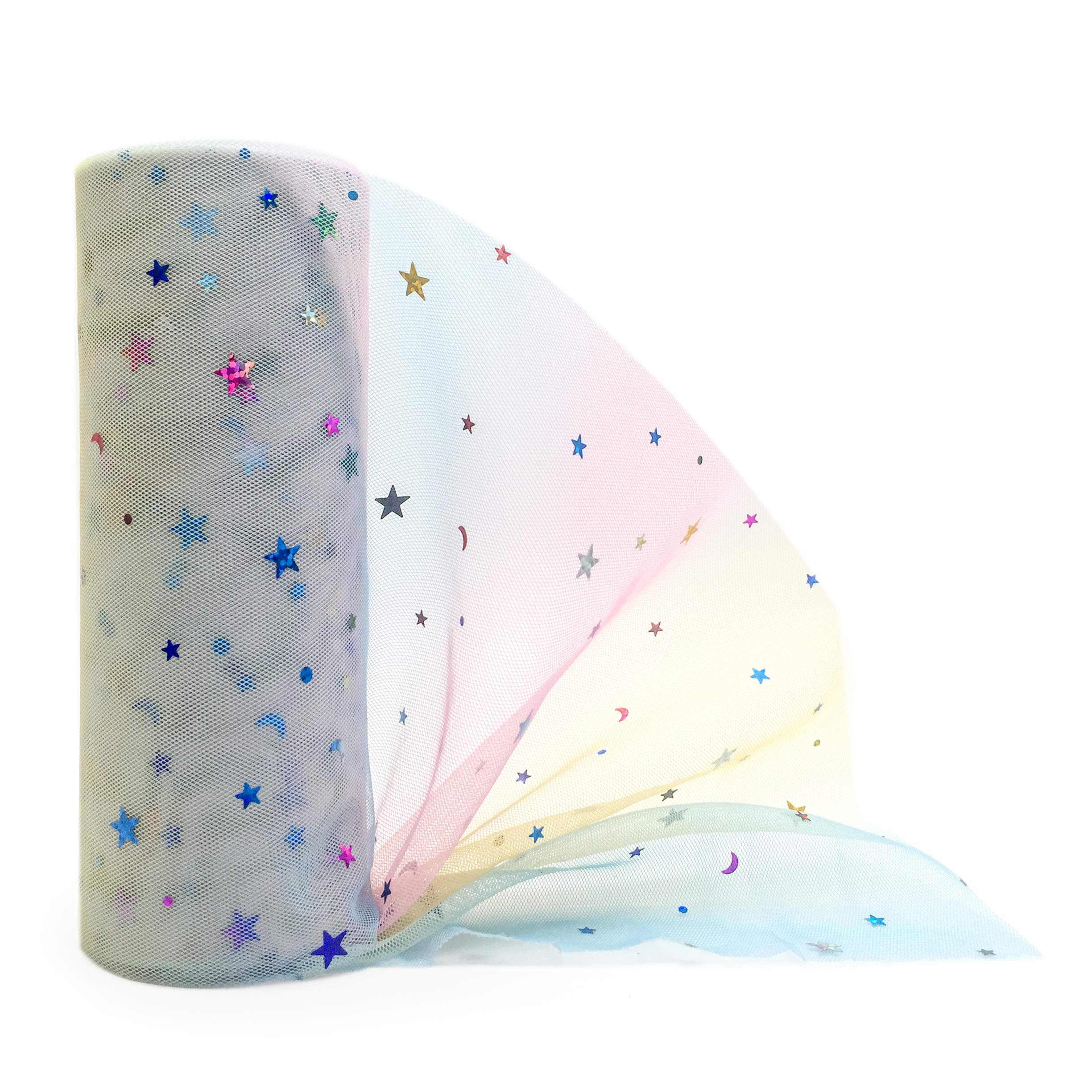 Craft Rainbow Sparkling Tulle Roll DIY Wedding Party Gift Bow Craft Sequin Fabric Spool Tutu Party Banquet Decor Gift Wrap 6" x 10Yards (Rainbow-Star Multicolor)