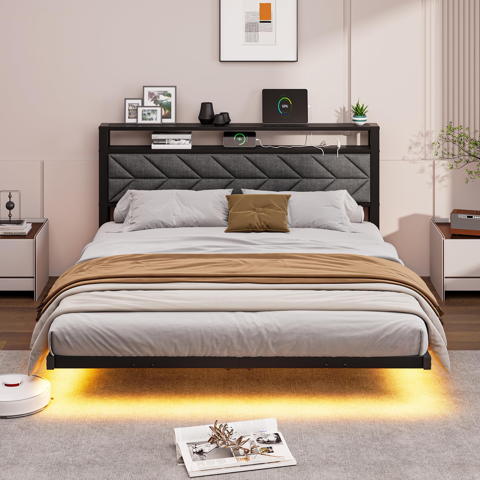 Photo 1 of ***It is used, it is missing parts, and it is unknown whether it functions 100%*****VERFARM Floating Bed Frame Queen Size with LED Lights and Charging Station, Upholstered Headboard with 2-Tier Storage Shelves, Metal Slats Supports, No Box Spring Needed, 