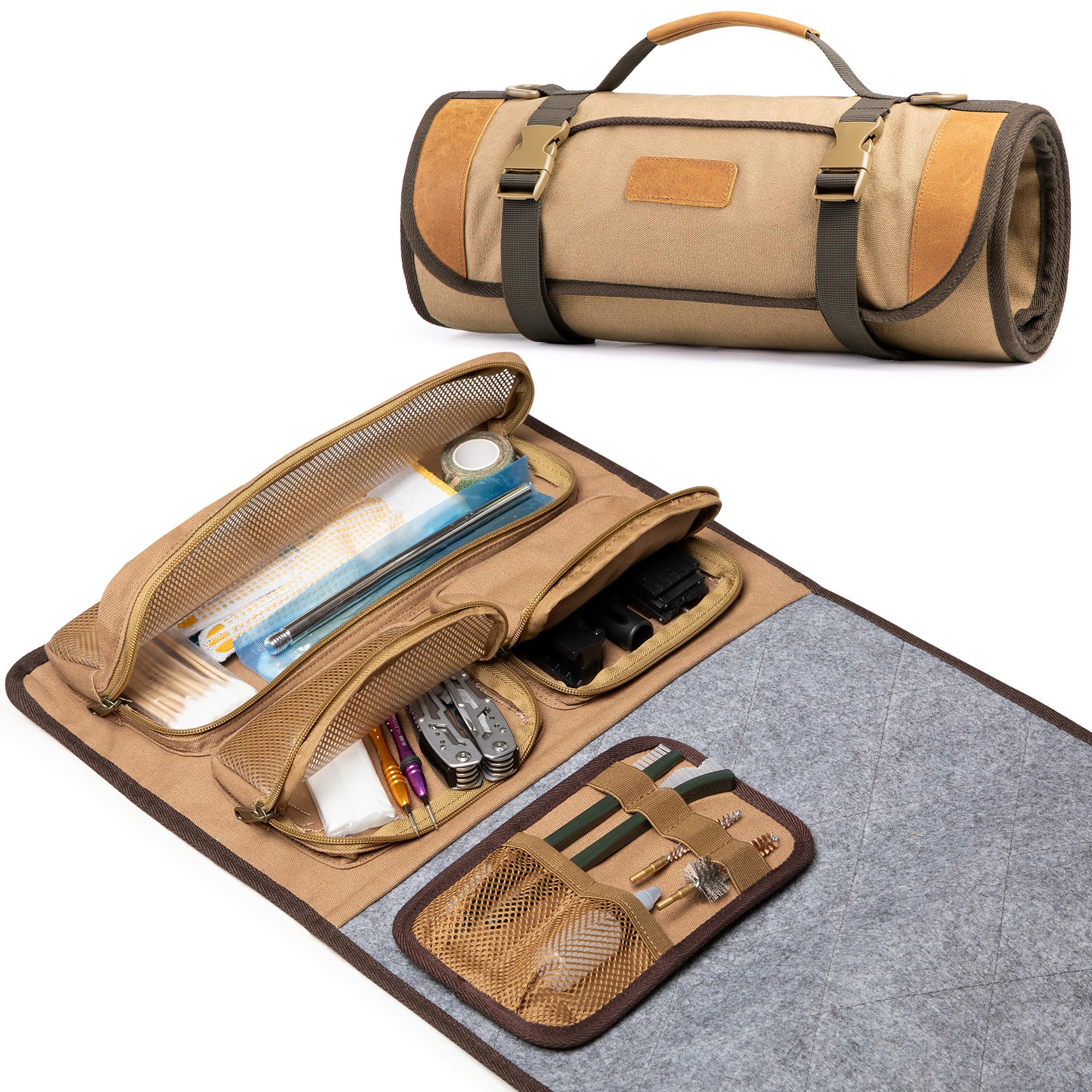 GOBUROS Tappetino grande per la pulizia di tutte le armi, tappetino arrotolabile per la pulizia di fucili con organizer per accessori in PVC per fucili da caccia, pistole e carabine, colore kaki