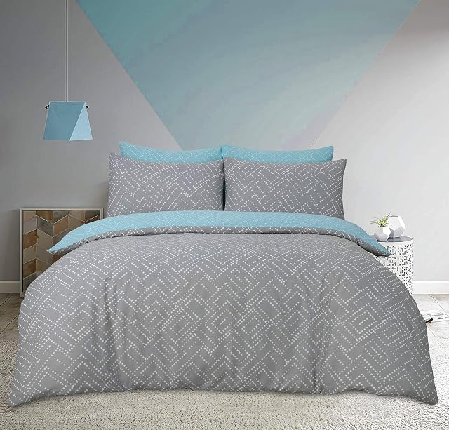 Sleepdown Square Dot Geo Grey Reversible Soft Duvet Cover Quilt And Bedding Set With Pillowcases - Double (200cm x 200cm)