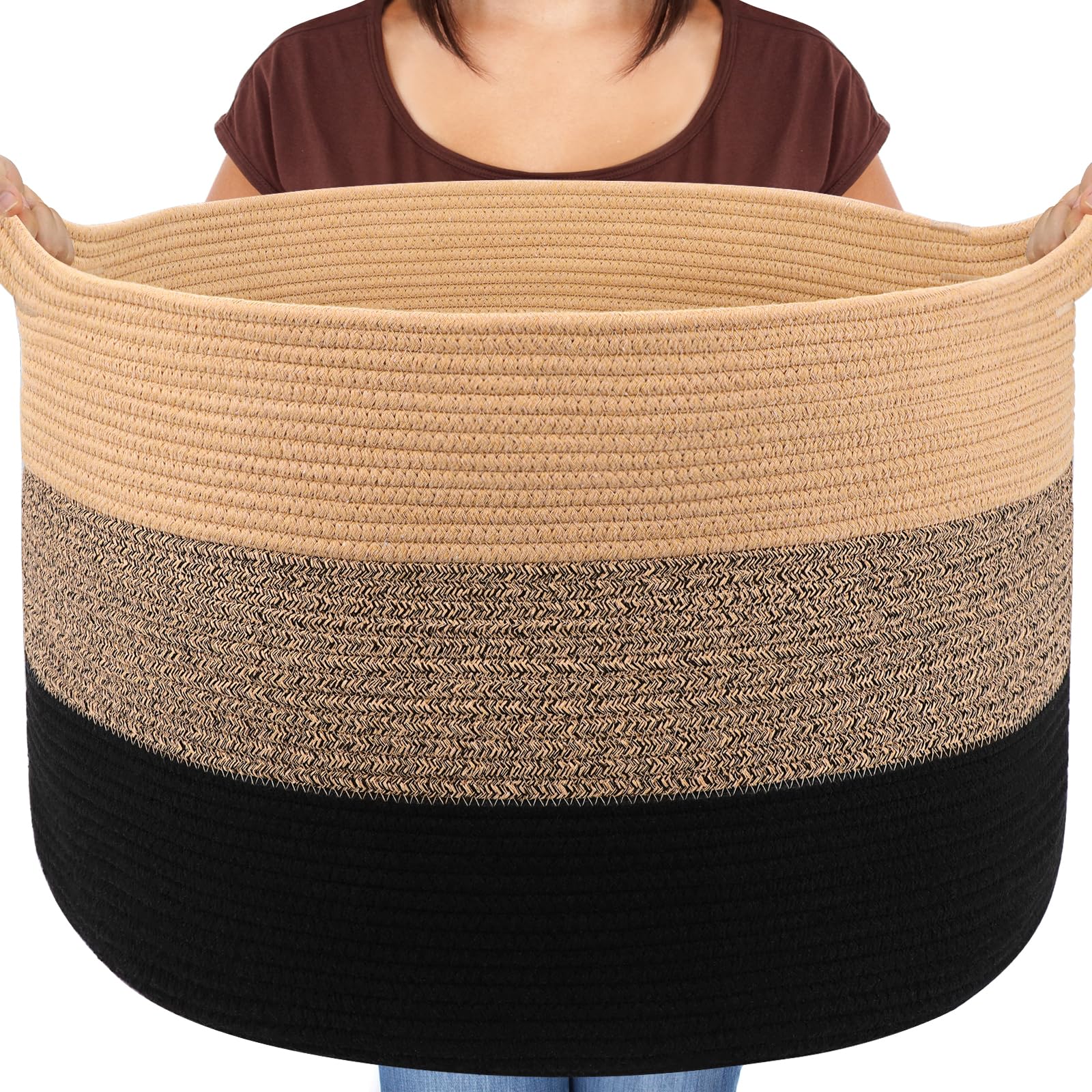 Maliton Storage Basket, Cotton Rope Laundry Basket, 55x35cm (Brown&Black)