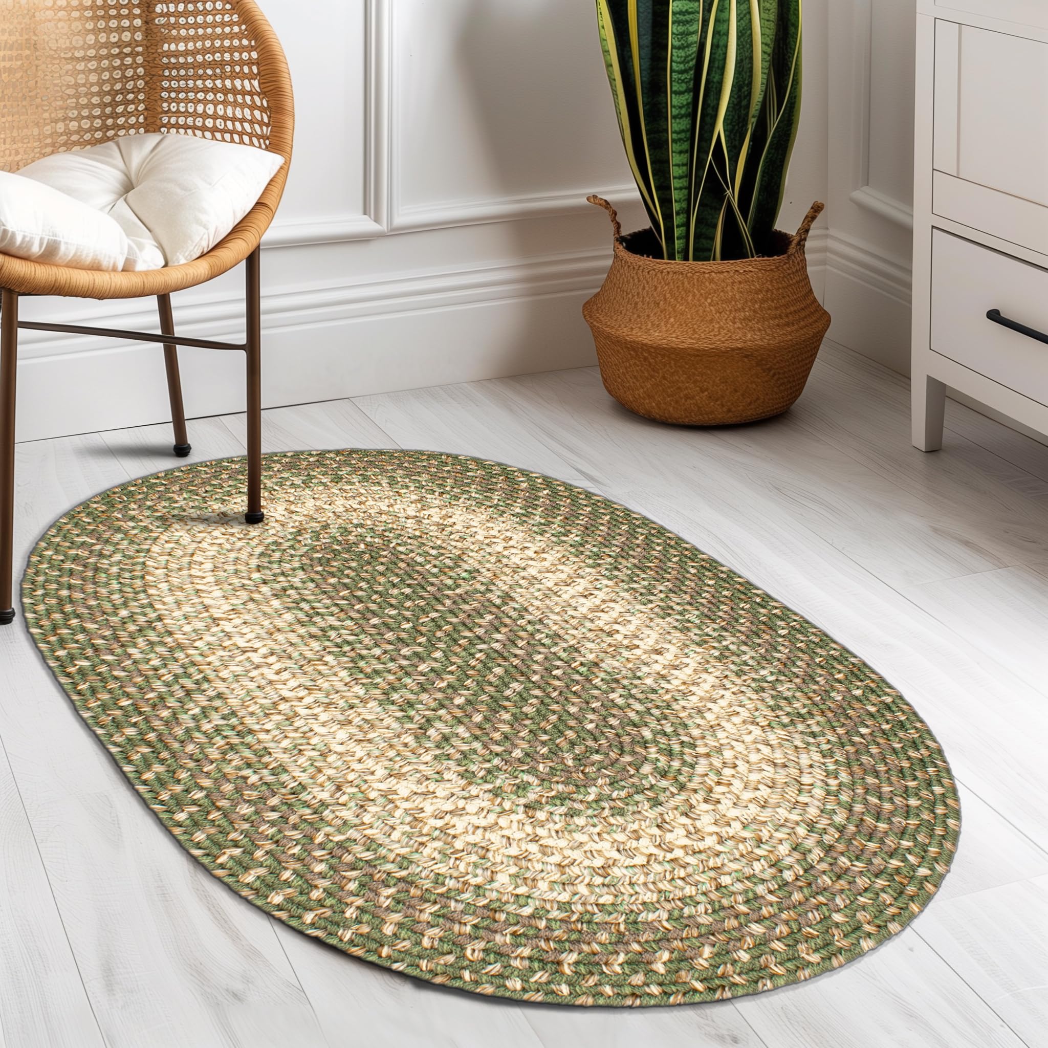 Super Area Rugs Braided Rugs 2X3 Farmhouse Kitchen Rug - Ridgewood Braided Rug for Front Door Entryway - Reversible - Indoor/Outdoor - Made in USA - Forest Green/Beige, 2' W X 3' L Oval