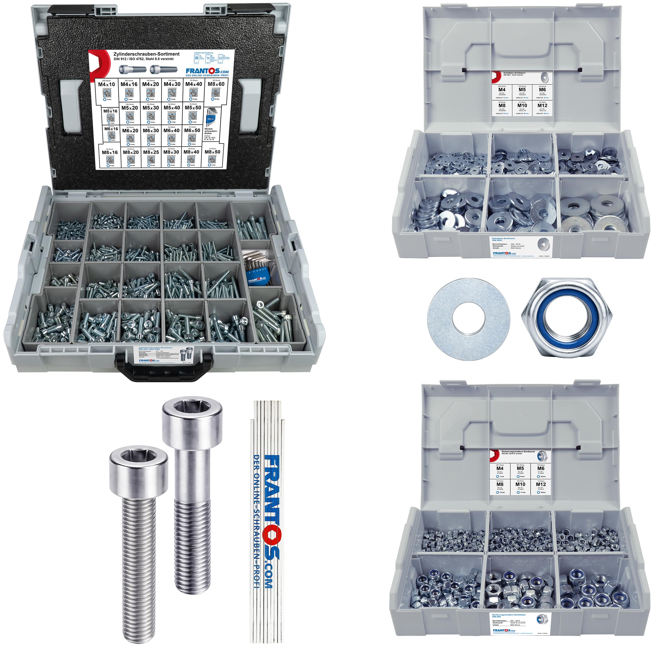 FRANTOS XXL Schrauben Set mit Muttern 2745-tlg (Stahl verzinkt) in L-BOXX & L-BOXX Mini, Zylinderkopfschrauben DIN 912, Unterlegscheiben DIN 9021, Sicherungsmuttern DIN 985 INKL. Meterstab
