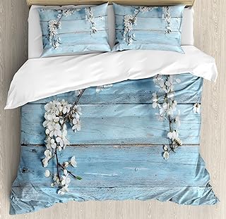 Ambesonne Rustic Duvet Cover Set, Branch with Blooming Spring Flowers on Wooden Fragility of Spring, Decorative 3 Piece Bedding Set with 2 Pillow Shams, King Size, Light Blue