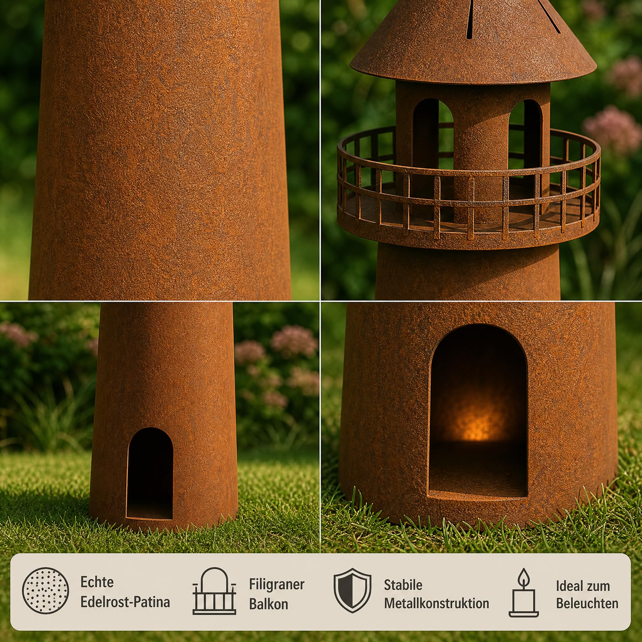 Leuchtturm Deko Edelrost, Gartendeko Metall, 60 cm | Maritime Rostdeko für Garten, Terrasse & Balkon – selbststehend, wetterfest, mit Hohlkörper für stimmungsvolle Beleuchtung