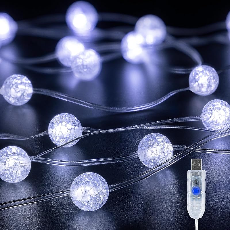 Cadena de luces de globo mejorada, luces de hadas USB de 30 LED de 10 pies, 8 modos de luces de bola de cristal crujiente, luces navideñas decorativas impermeables para interiores, exteriores, dormitorios, aulas, bodas, fiestas,Blanco