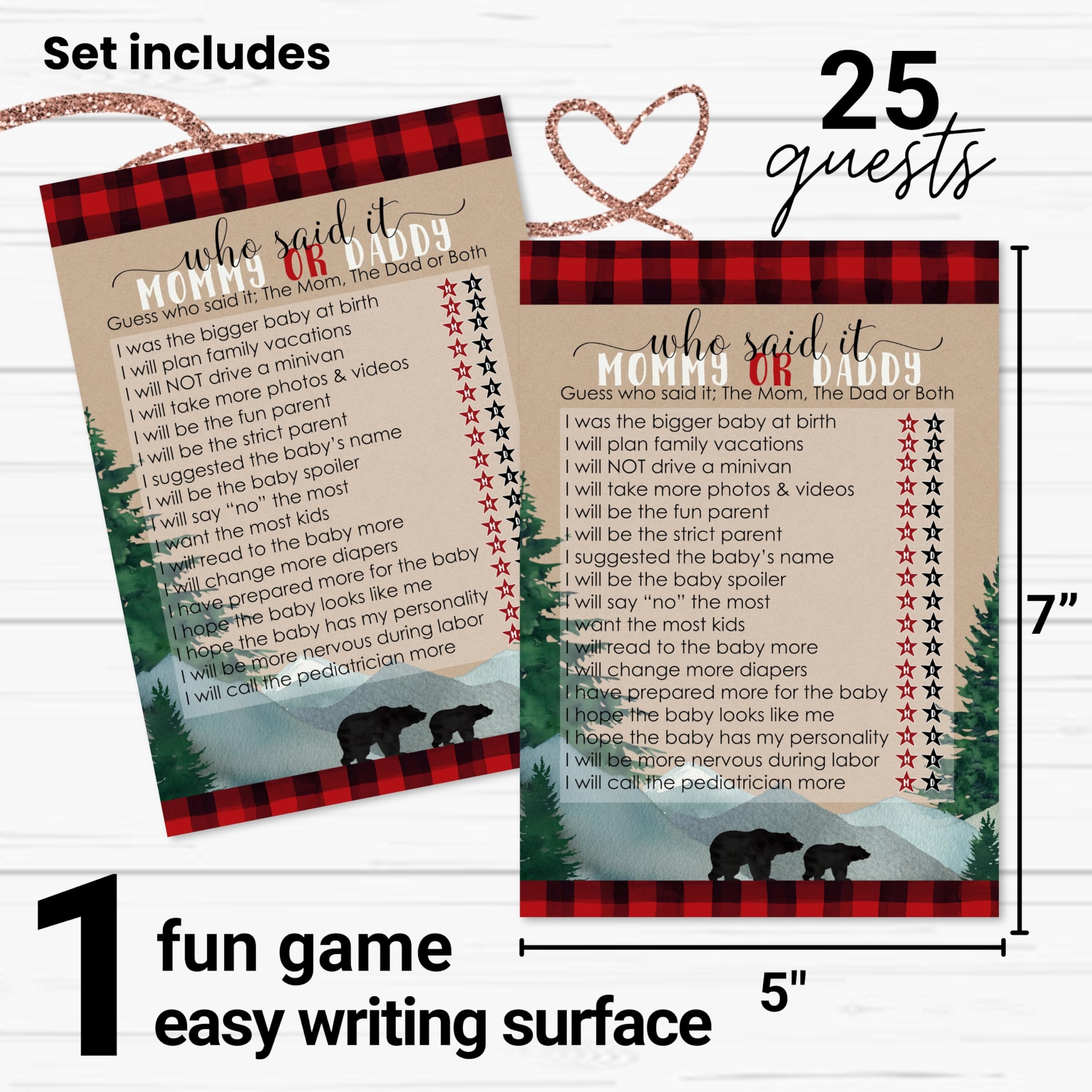 Mama Bear Baby Shower Games for Boys - 25 Guess Who Mommy or Daddy Game Cards - Fun Guessing Activities with Prizes - Lumberjack Theme