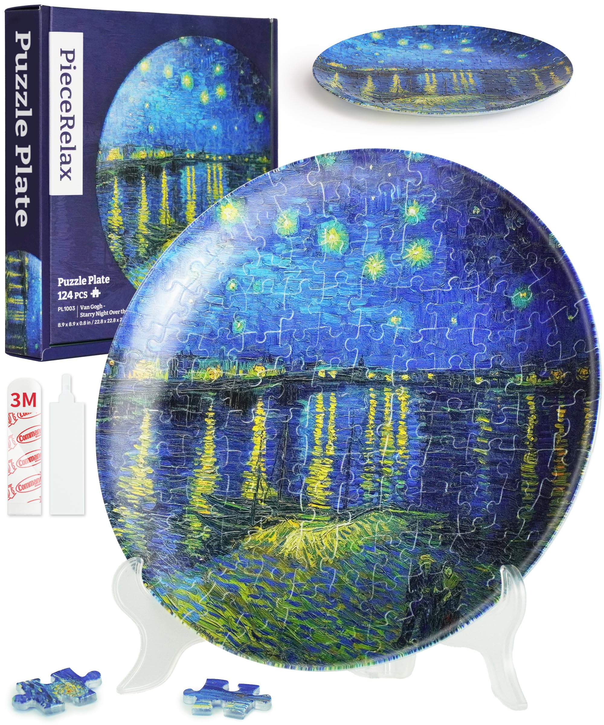 PieceRelax 3D Puzzle Plate for Adults 124 Pieces, Van Gogh, Starry Night Over The Rhone