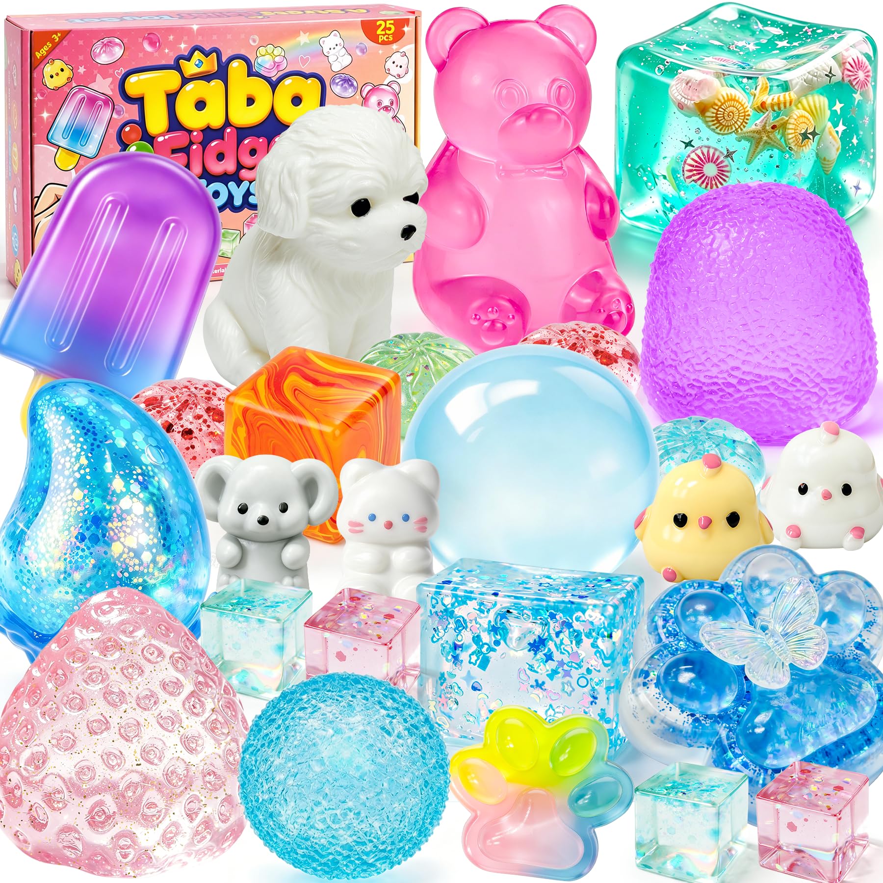 25pcs Taba Squishies Kit,Cute Squeeze Toys Box Set,Coconut Oil,Popsicles Multi Shapes Squishy Fun Box,Stress Balls for Adult, Classroom Prizes,Party Favors & Goodie Bags Stuffers for Ages 4-8 8-12