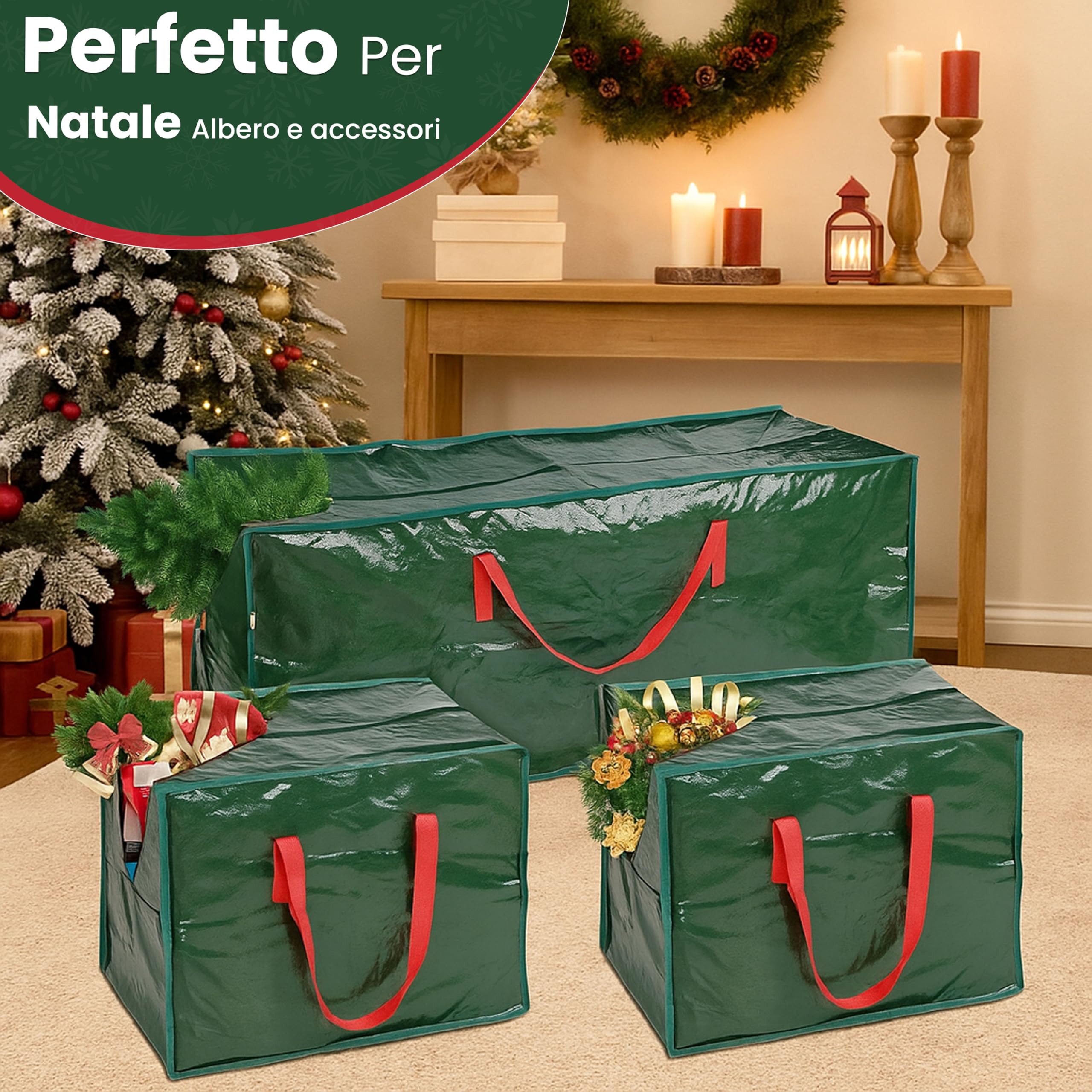 Borsa portaoggetti per alberi di Natale – Adatta ad alberi artificiali fino a 7,5 piedi – Set da 3 pezzi con 2 borse decorative – Maniglie rinforzate resistenti e cerniera