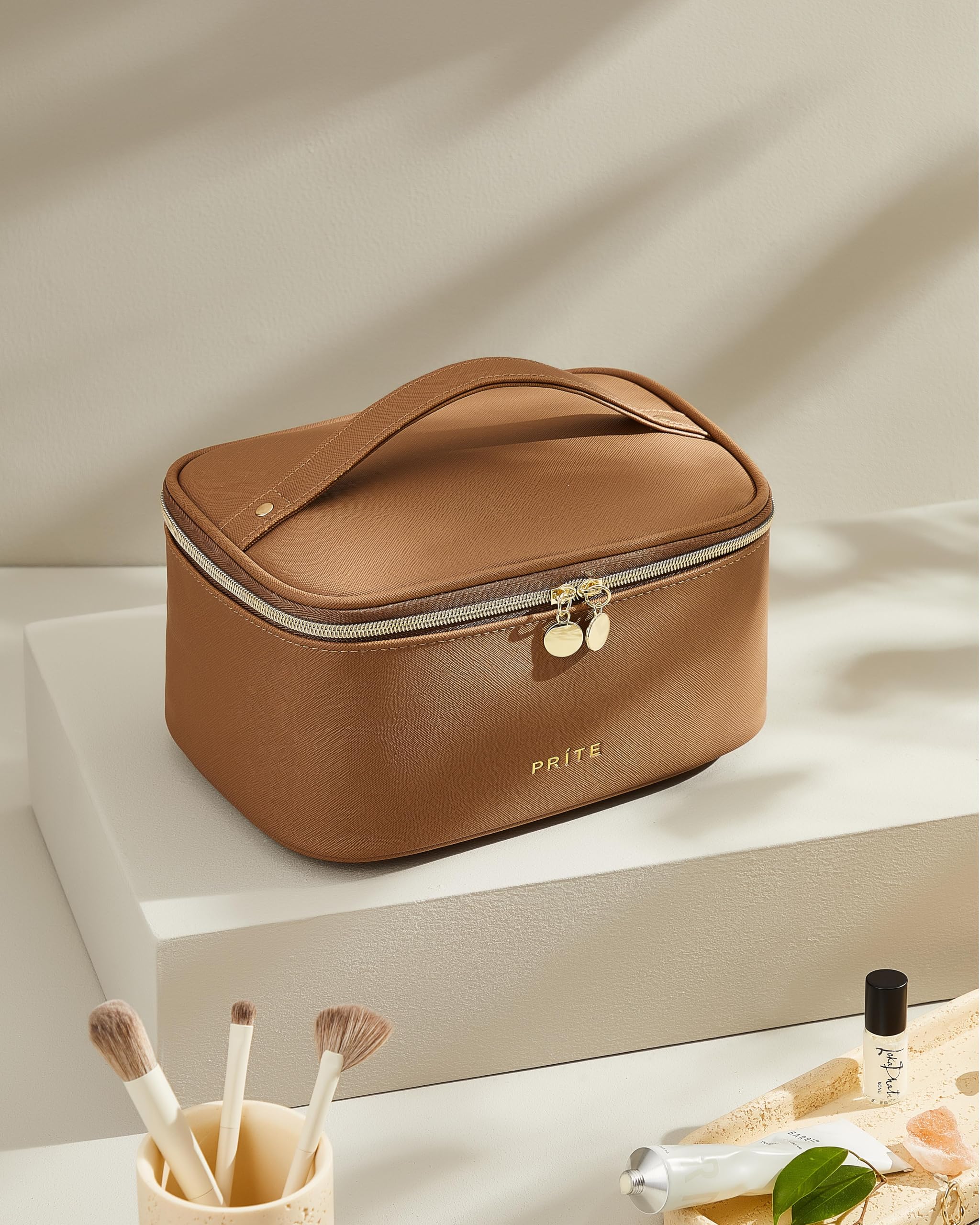 Prite Large Makeup Bag for Women Travel Cosmetic Case Waterproof PU Leather Toiletry Bag Portable Make Up Organiser with Handle and Removable Divider (Brown) - Image 2