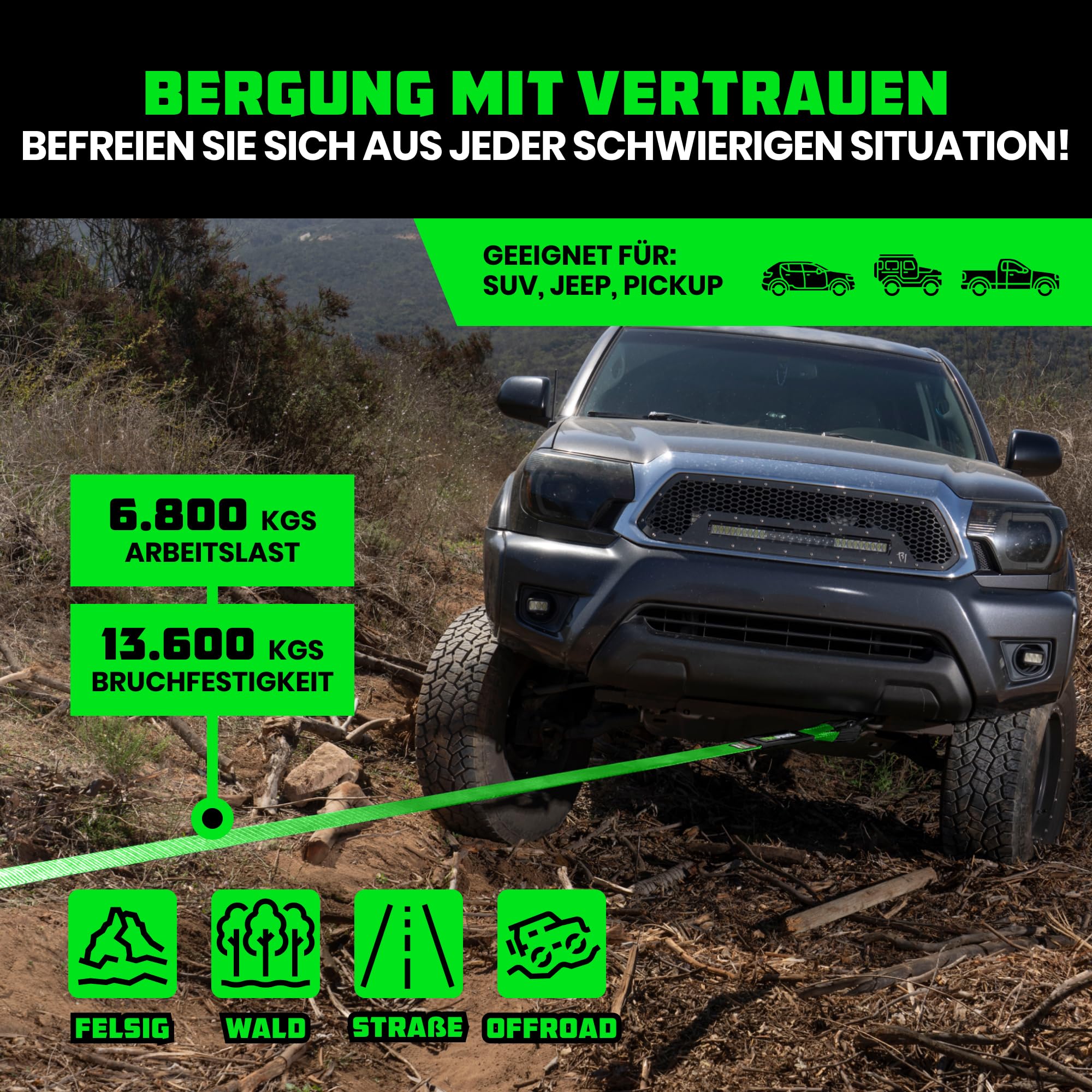 Rhino USA Abschleppgurt (7,6 cm x 9,1 m) - 13.600 kg Bruchfestigkeit - Notfall-Wiederherstellungsstrap für Truck, UTV, ATV - Abschleppseil - Schwerlast-Abschleppgurt für Offroad 4X4 Nutzung - Grün