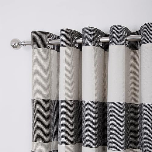 Miniatura 2 de always4u Cortinas a Cuadros Blancas y Negras Estilo Granja, Cortinas de Ventana con Aspecto de Lana Highland, Cortinas con Ojales para Sala de Estar