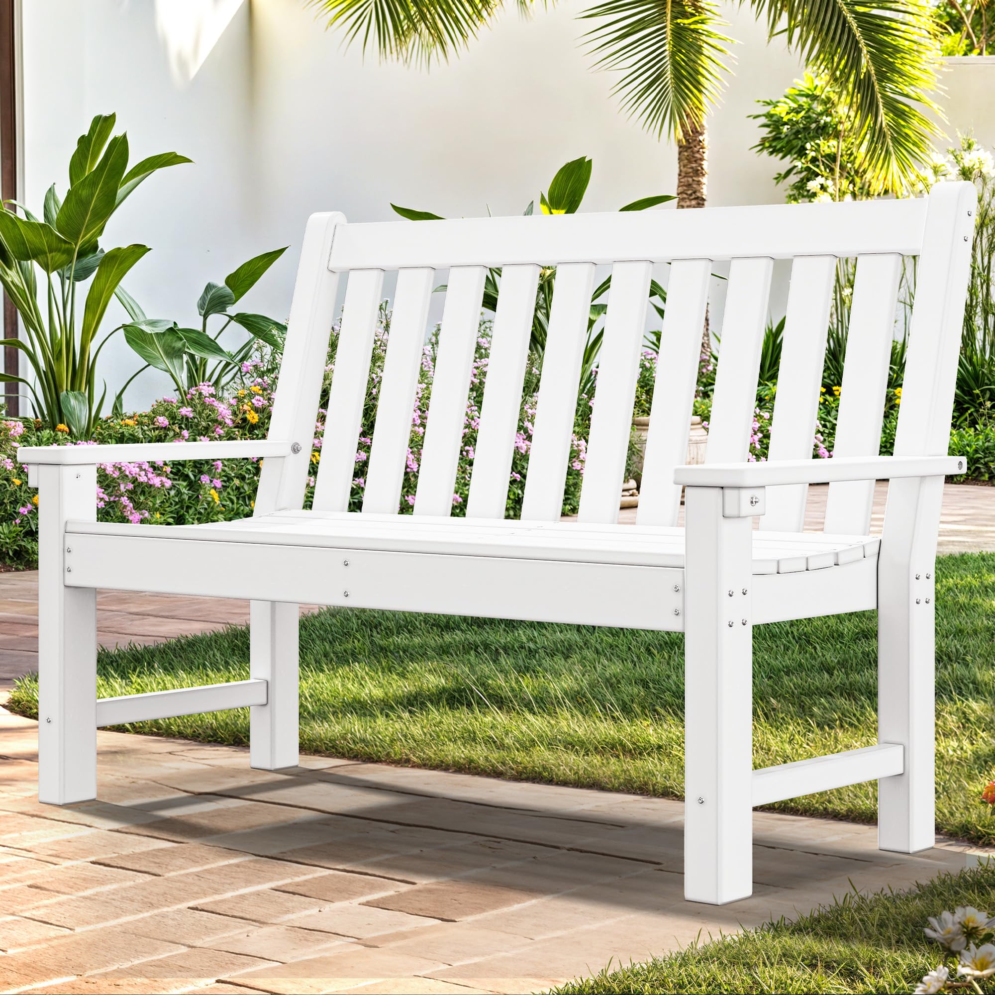 Garden Bench, All Weather Outdoor Bench for 2-3 Persons, Fade/Rot Resistance Patio Benches for Park, Porch, Patio & Backyard (White)