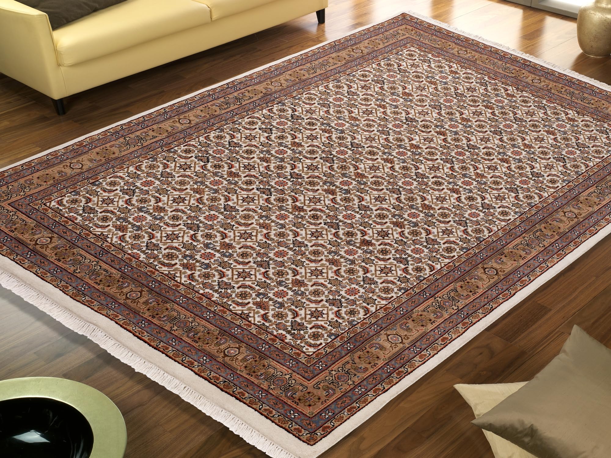 BADOHI HERATI handgeknüpfter Orientteppich Naturfaser Kurzflor hochwertige Qualität in Creme Braun Beige Größe: 60x90 cm Diele, Esszimmer, Flur, Kinde