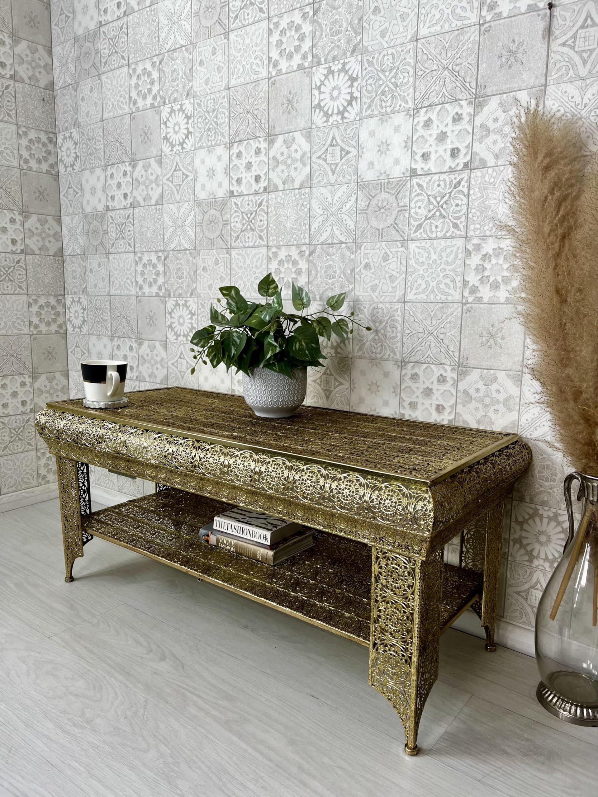 DOWNTON INTERIORSDark Gold Moroccan Style Embossed Metal Coffee Table (GZ427) Part of the AGADIR Collection (Dark Gold)