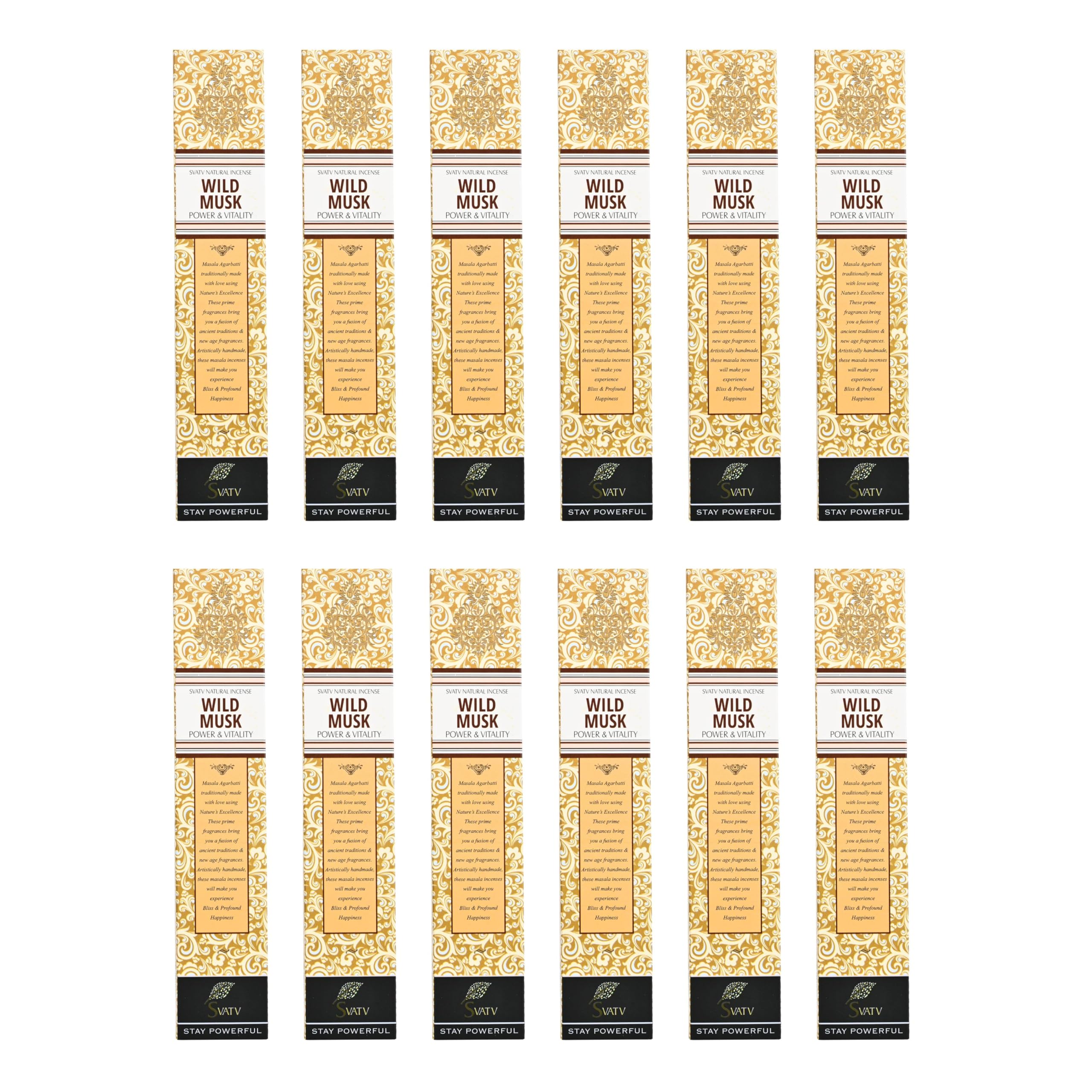 SVATV Wild Musk Incense Sticks | Pack of 12 | Hand Rolled Aroma Sticks for Meditation, Yoga, Prayer & Home Fragrance | 12 x 15g | 180g