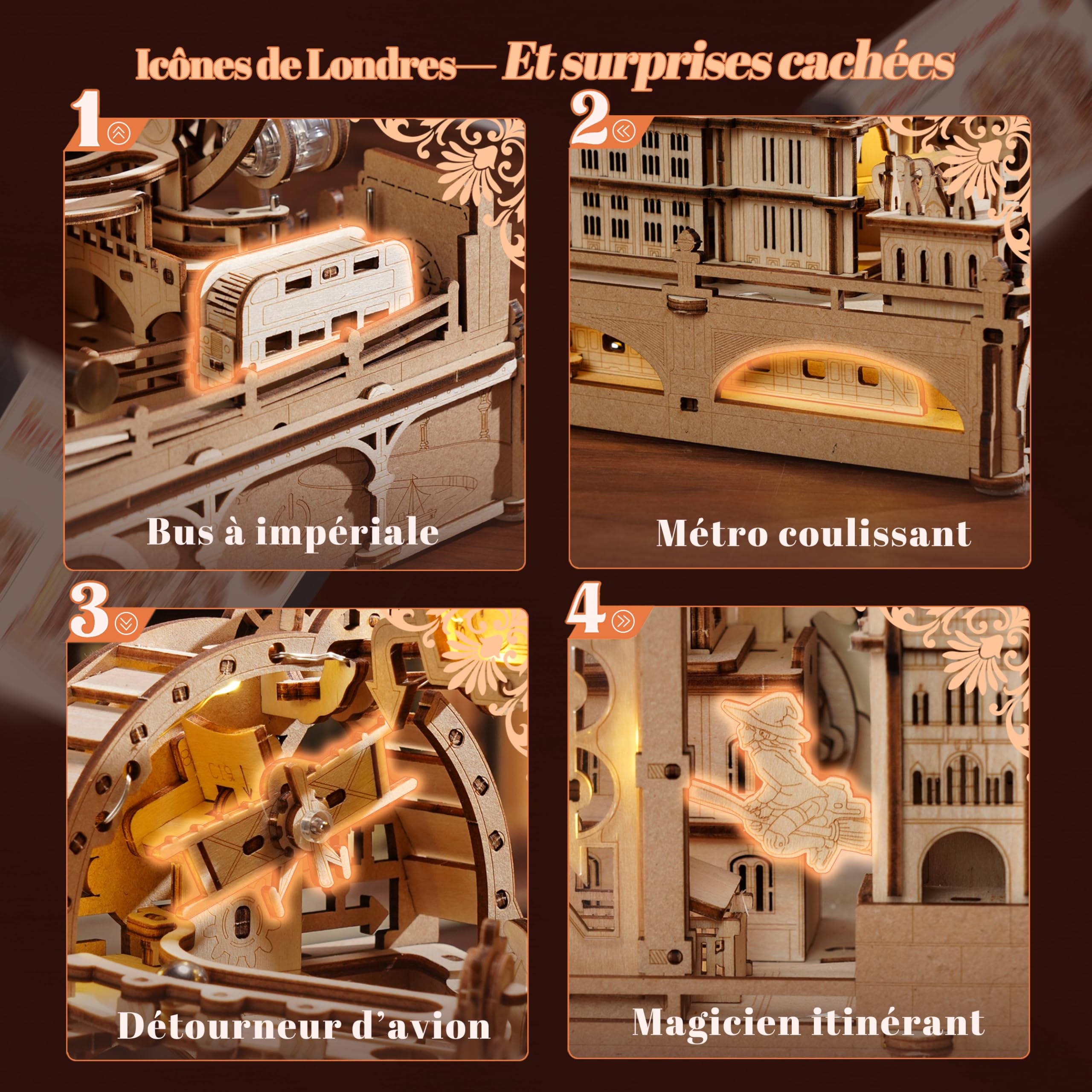 ROBOTIME Puzzle 3D en Bois avec Circuit à Billes – Maquette Ville de Londres à Monter, Modèle Mécanique avec Lumières pour Adultes & Ados, Kit Créatif Décoratif, EGB01