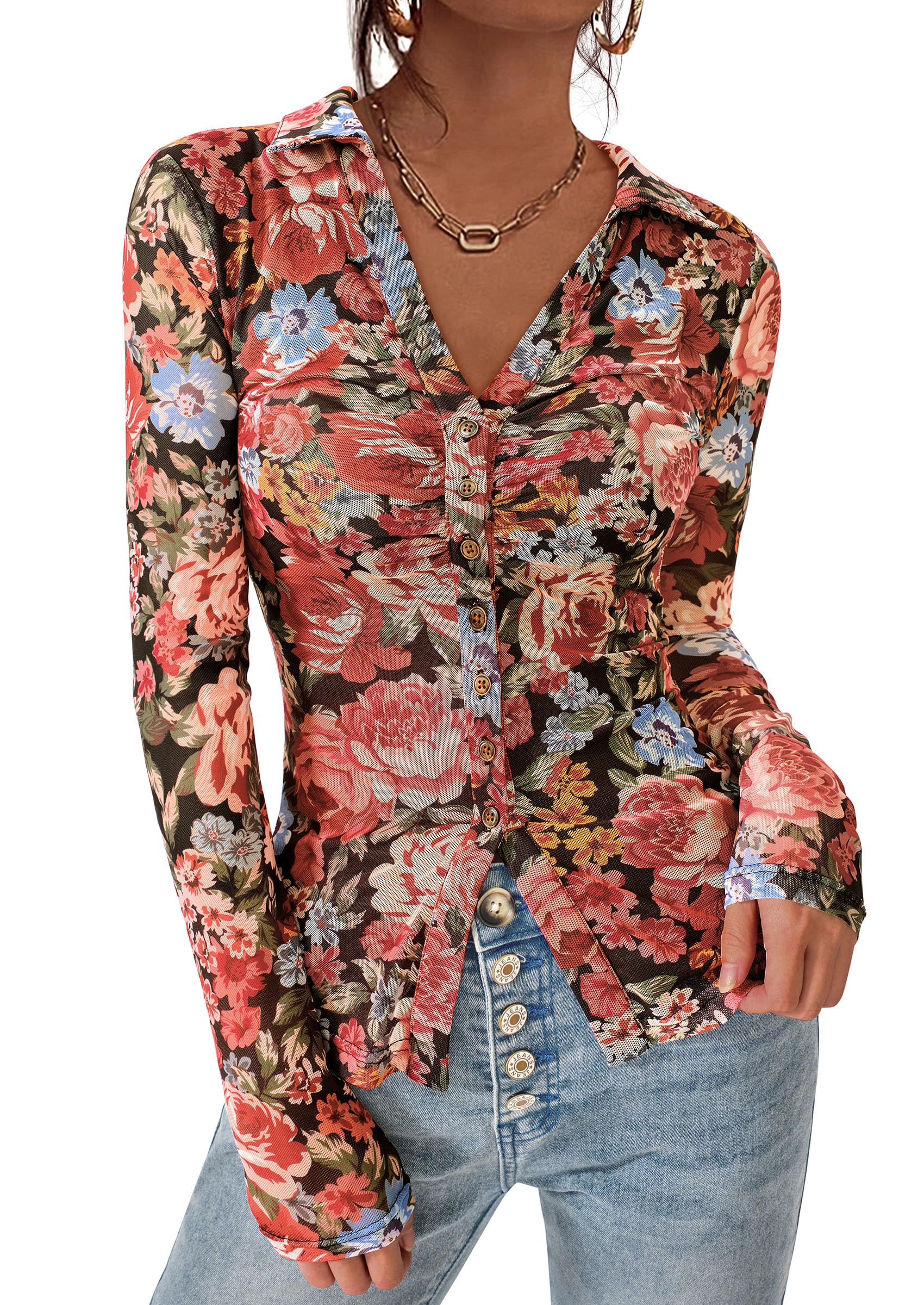 PRETTYGARDEN Women Button Down Floral Shirts 2026 Fall Trendy Long Sleeve V Neck Mesh Boho Blouse Spring Tops Date Outfits
