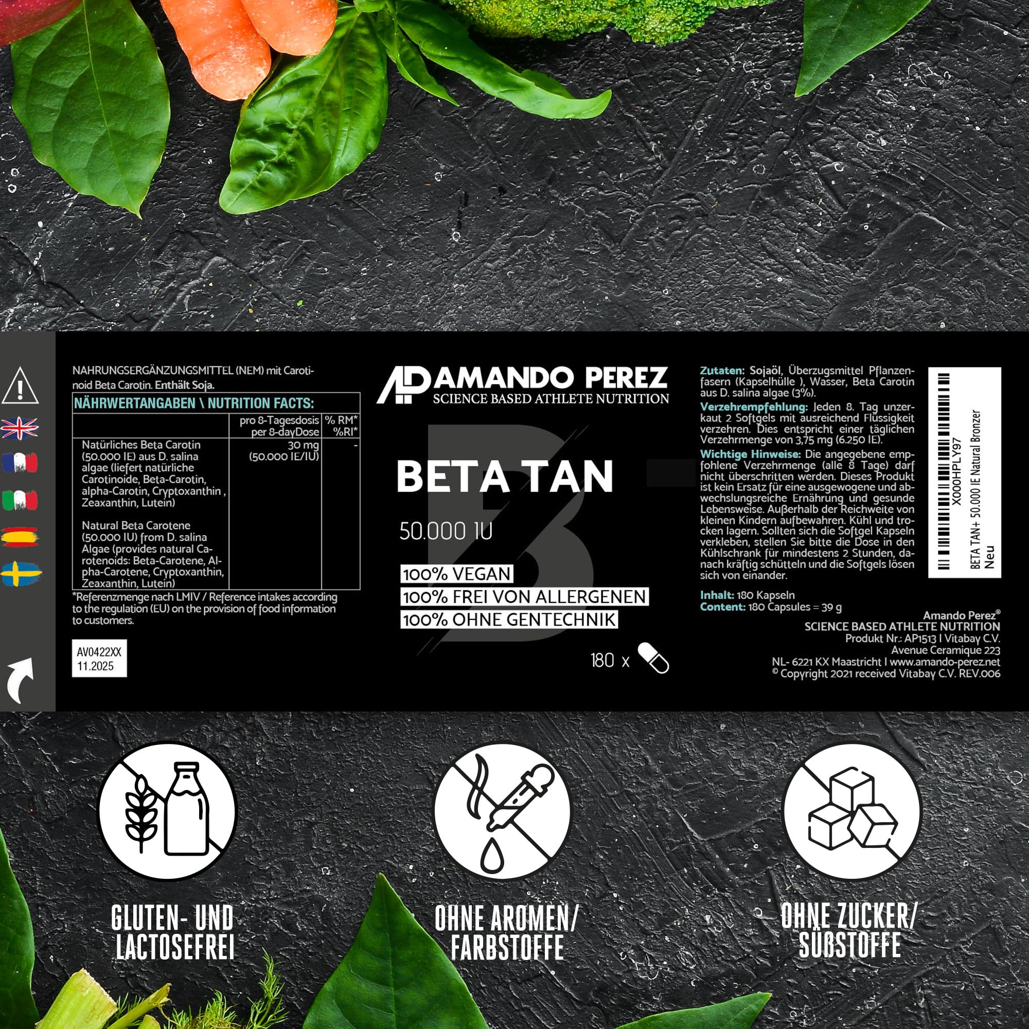 Amando Perez Beta Tan+ Bräunungskapseln Hochdosiert 50.000 I.E. – 180 Softgels – Natürliches Beta Carotin aus Dunaliella salina – Provitamin A – Vegan – Vorrat für 720 Tage
