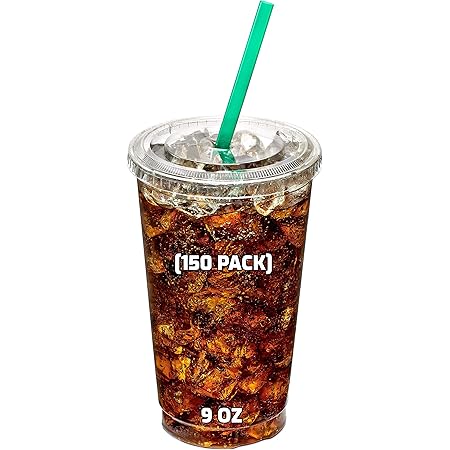 Amazon 蓋付き小型透明プラスチック使い捨てカップ 9オンスカップ 150個パック クリスタルクリアpetカップ コールドスムージー アイス コーヒーゴーカップ コーヒー パフェ ジュース ソーダ カクテル パーティーカップに最適 Ecoquality 使い捨てドリンクカップ 通販