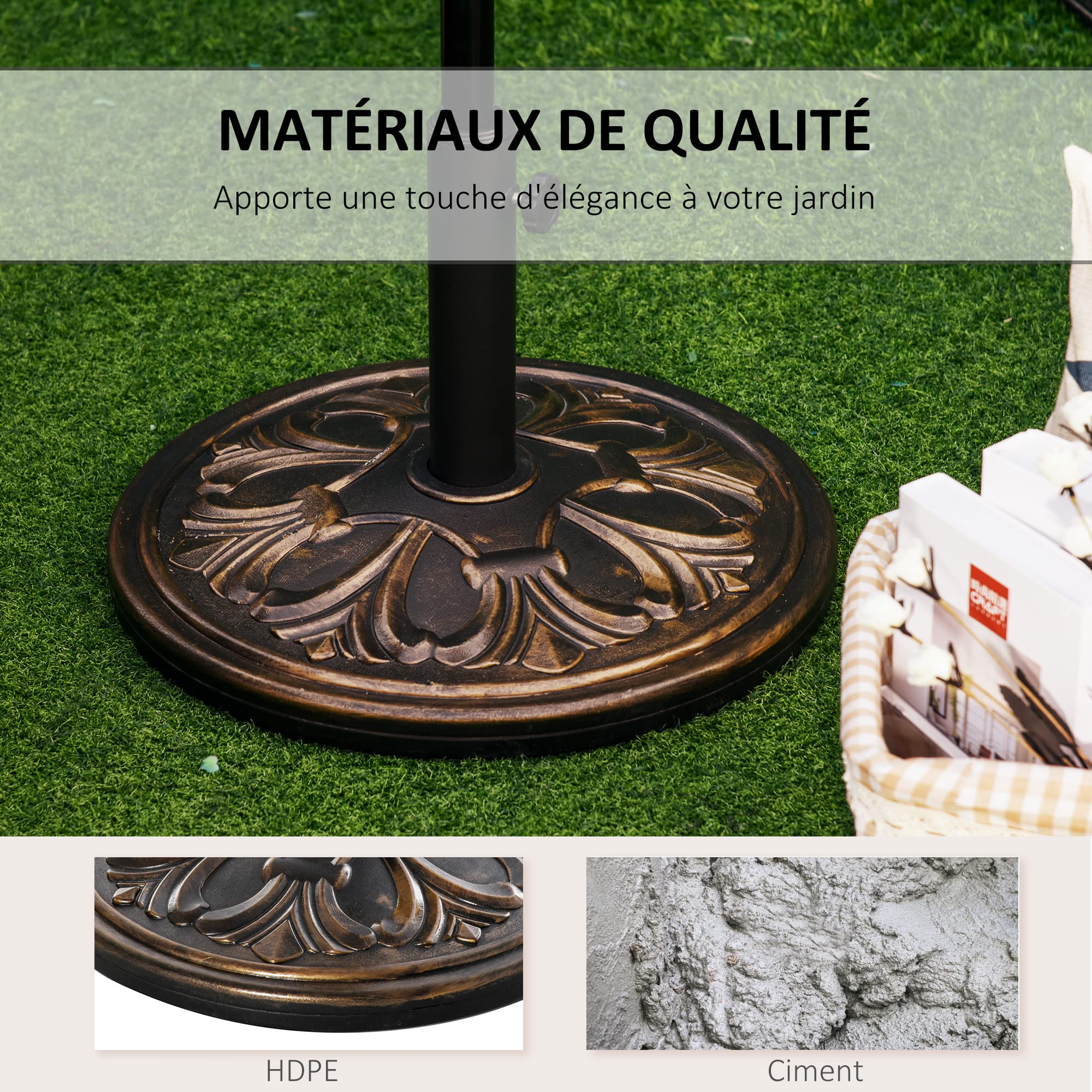 Outsunny Pied de parasol rond base de lestage Ø 48 x 34H cm ciment HDPE motif fleurs de lys poids net 13 Kg noir doré