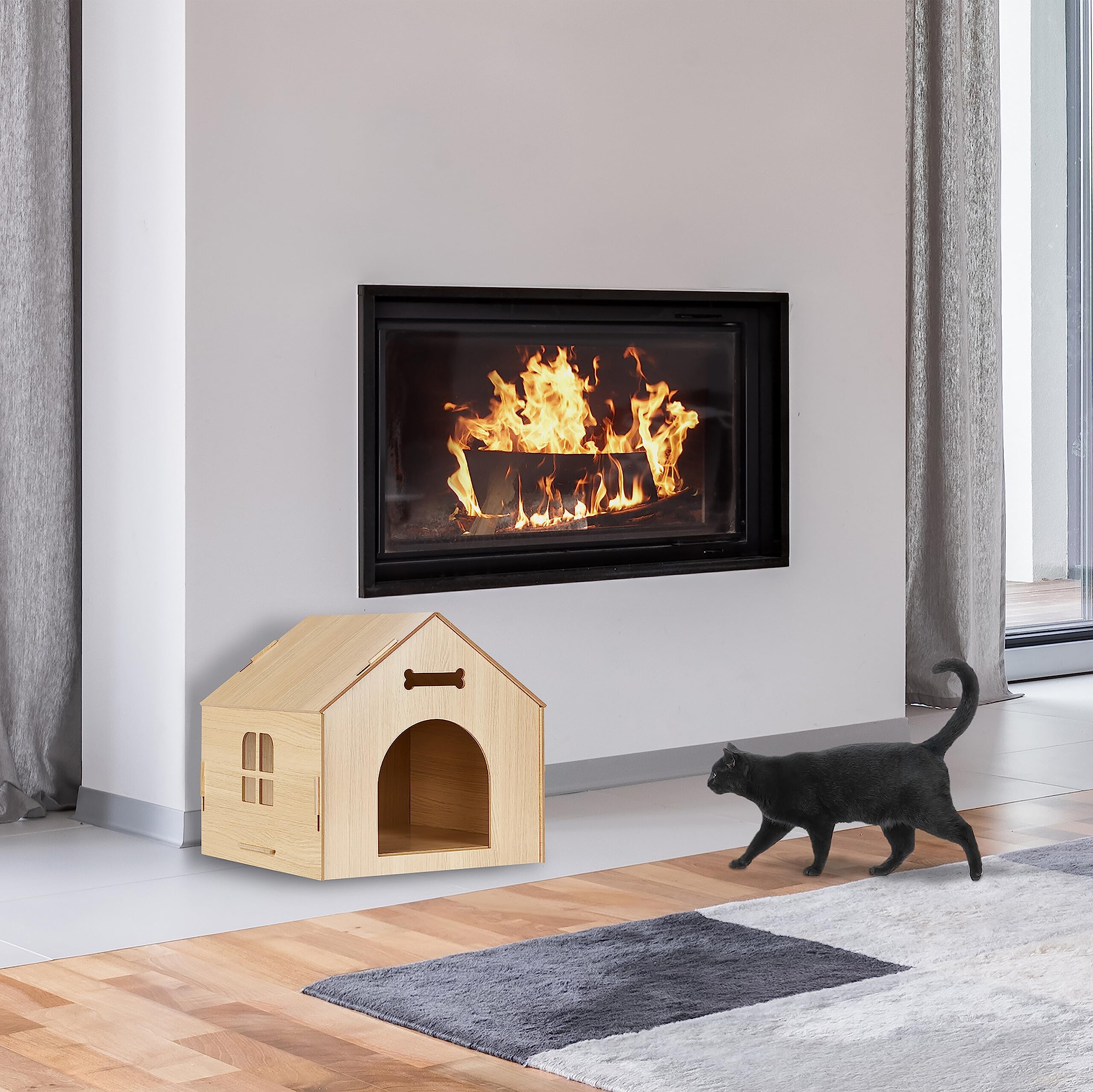 Relaxdays Hundehütte Indoor, Katzenhaus zum selber Bauen, Haustierhaus, für kleine Hunde & Katzen, Hundehöhle MDF, Natur