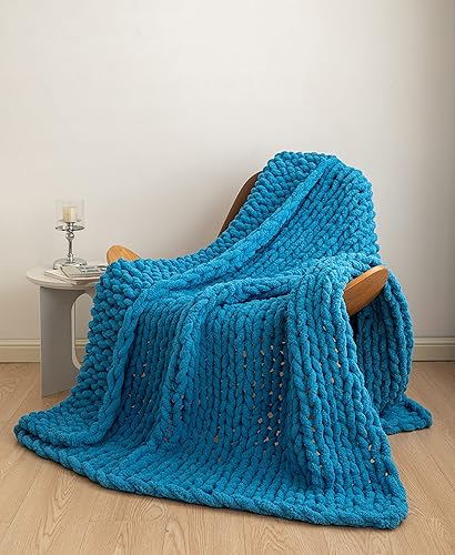 Miniatura 7 de Manta de punto grueso, manta de punto grueso con hilo de chenilla, suave, hecha a mano, cálida, gruesa, para sofá, cama y viajes (azul brillante, 50