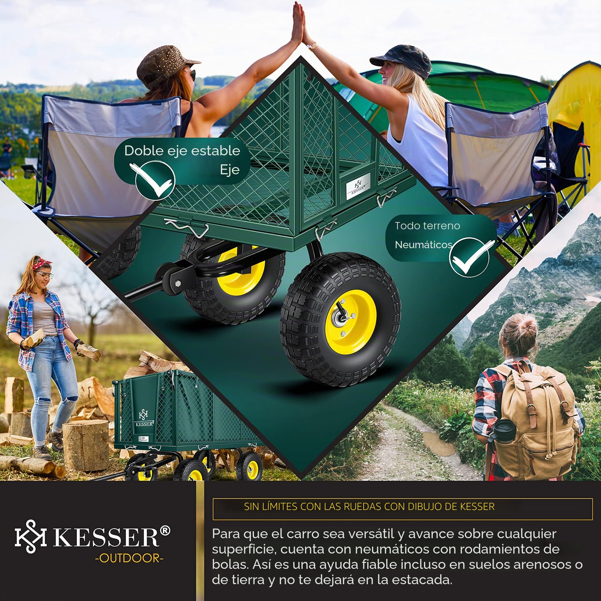KESSER® 550 kg Carro de Mano, Carro de jardín, Carro de Transporte, Lona Desmontable, Carro de Equipamiento, Versátil, Incluye Guantes, Verde