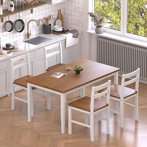 Juego de mesa de comedor de 5 piezas, juego de mesa de comedor de madera maciza para 4, juego de mesa de granja y 4 sillas, juego de mesa de cocina