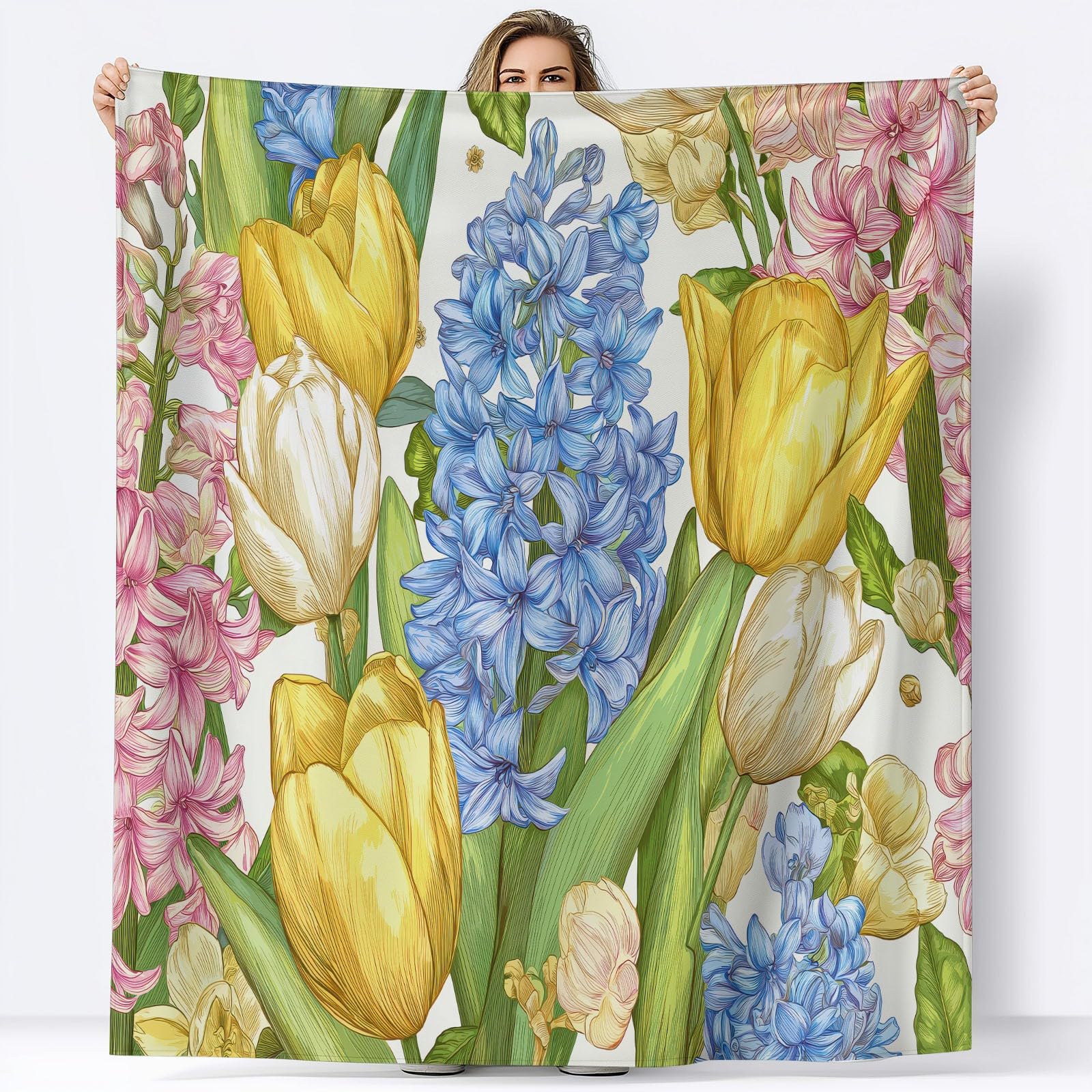 Genérico Amarillo Manta de Franela Polar, 220 x 240 cm Manta Cálida de Invierno, Suave, Esponjosa y Cálida con Estampado Retro Flores Hojas Vitalidad - Manta para Cama Colcha y Sofá