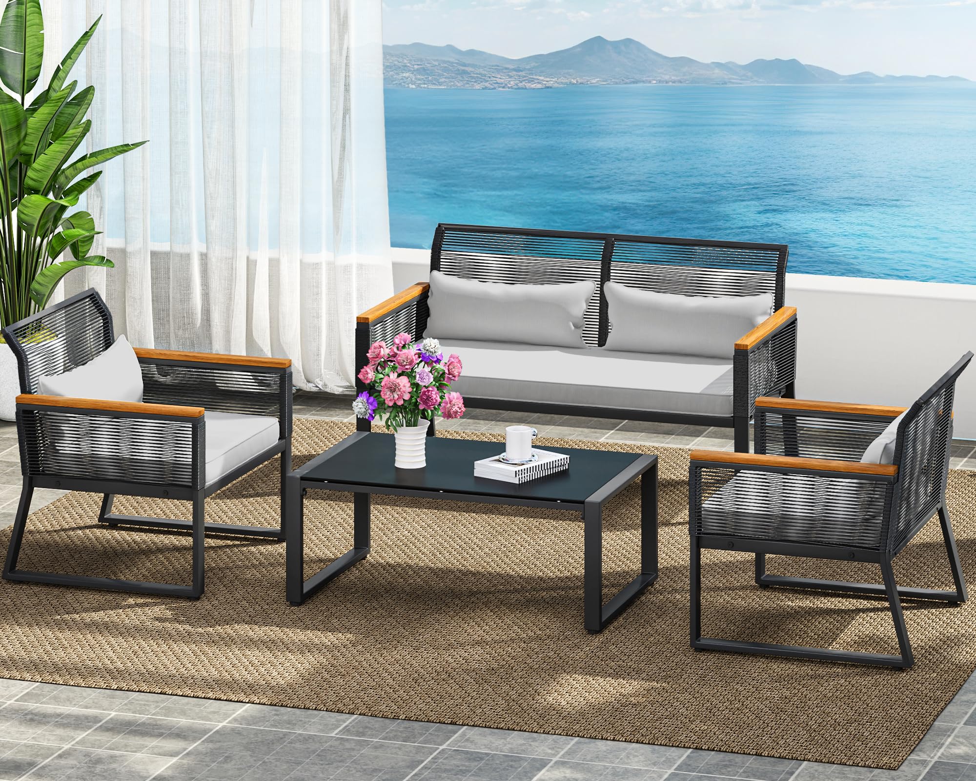 Incomplete YITAHOME 4-Piece Outdoor Wicker Patio Conversation Furniture Set, All-Weather Wicker Bistro Rattan Loveseat Set with Wooden Armrests, Metal Side Table and Cushions for Backyard, Balcony, Deck, Black